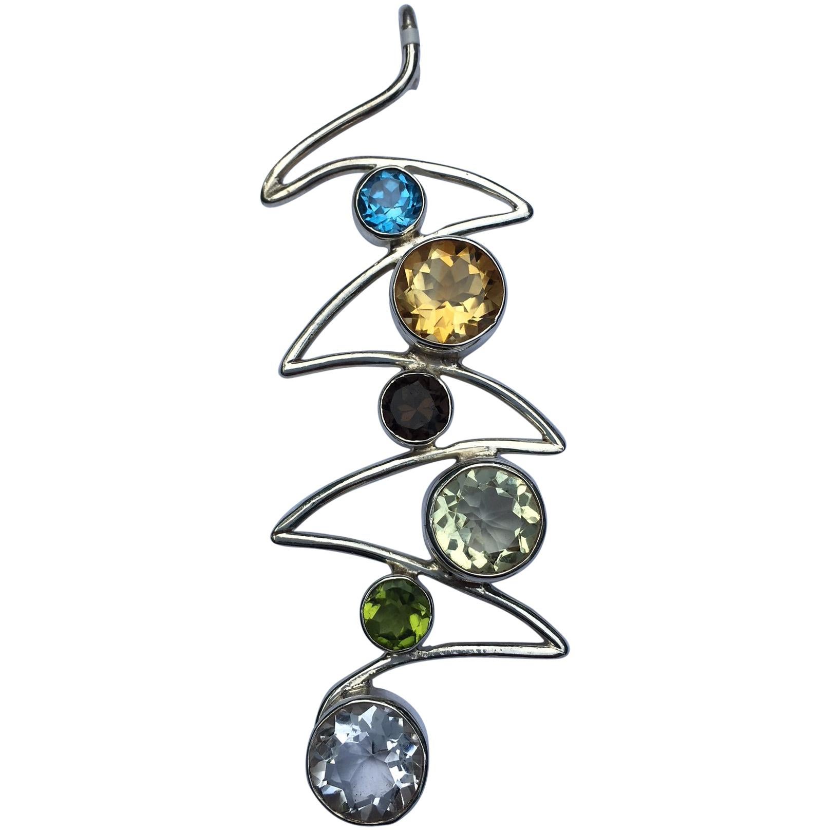 Six Stones Wave Pendant Set in Sterling Silver For Sale