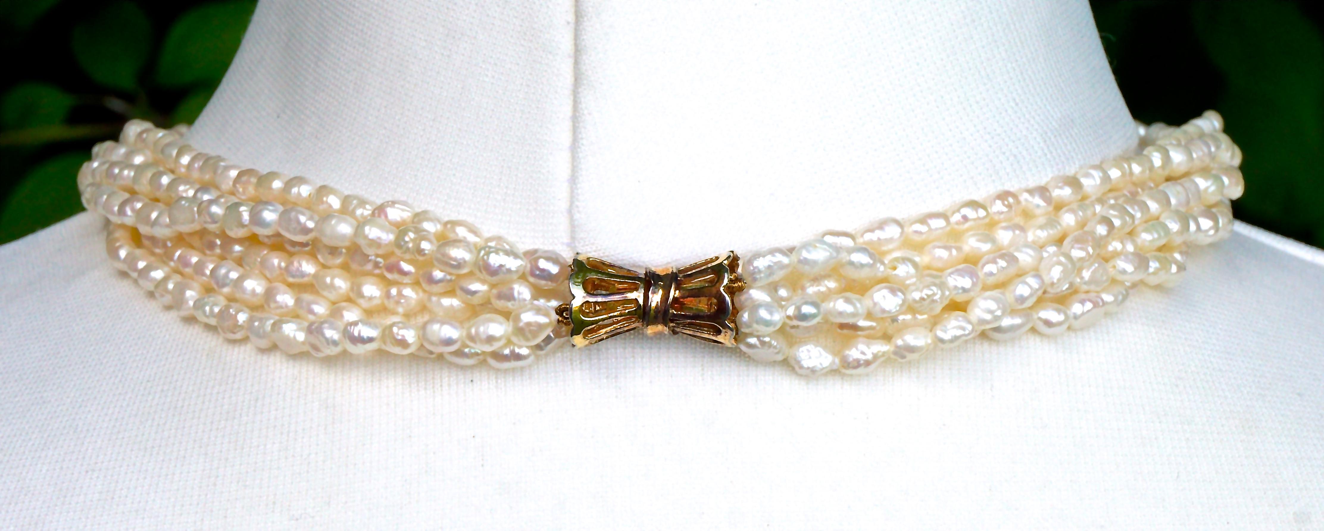 Six Strand Baroque Rice Pearl Necklace Silver Gilt Clasp circa 1970s 3