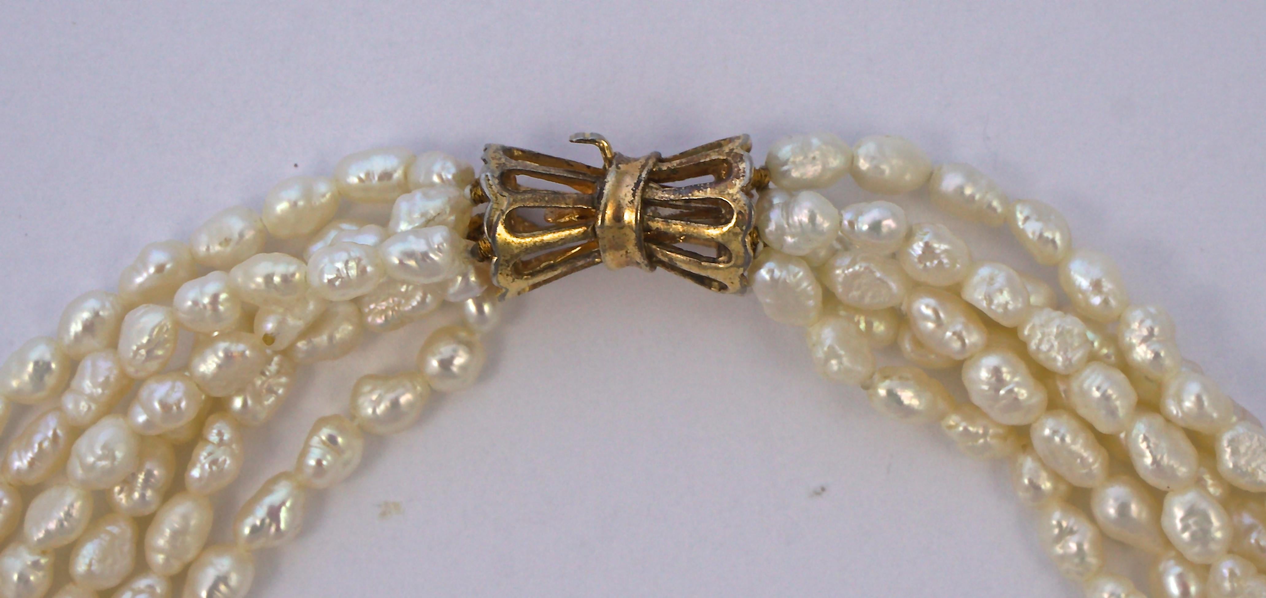 Six Strand Baroque Rice Pearl Necklace Silver Gilt Clasp circa 1970s 4