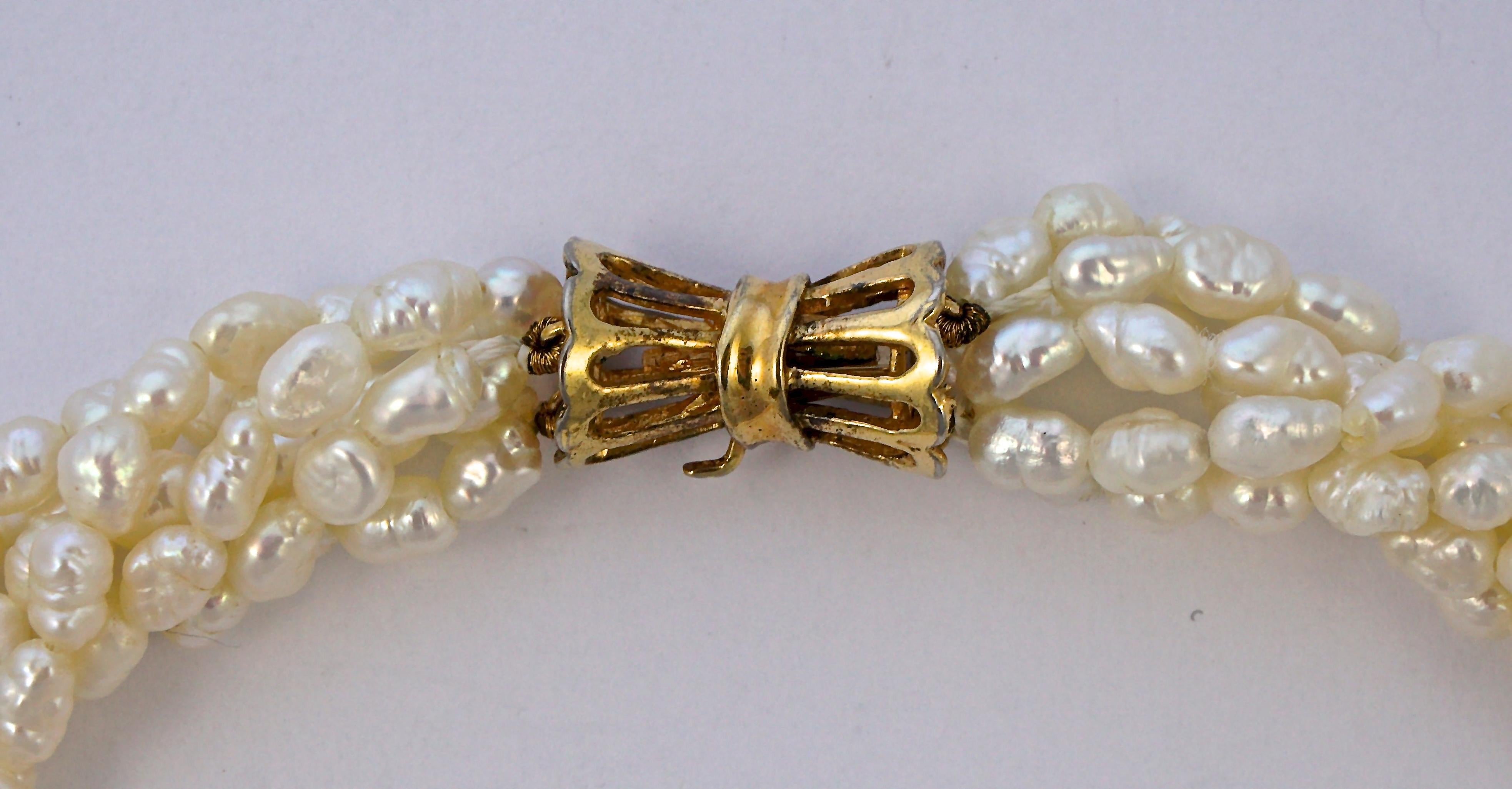 Six Strand Baroque Rice Pearl Necklace Silver Gilt Clasp circa 1970s 5
