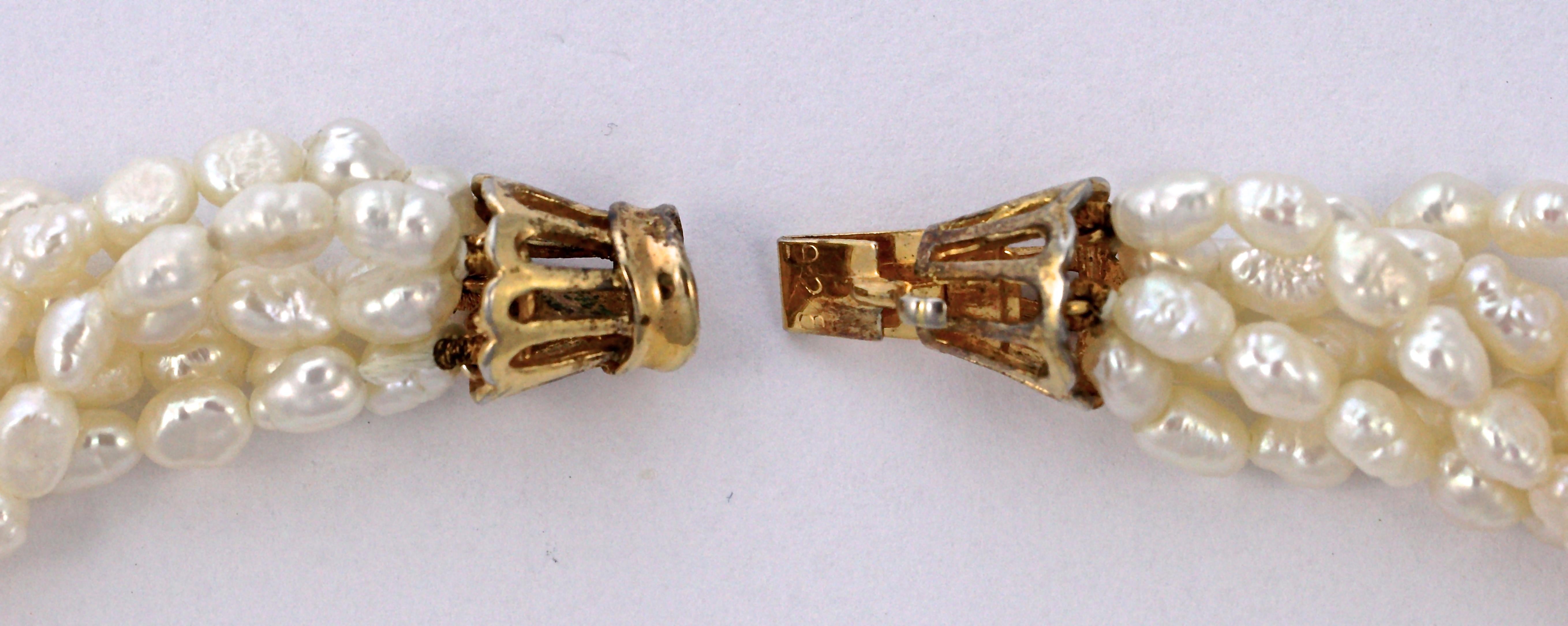 Six Strand Baroque Rice Pearl Necklace Silver Gilt Clasp circa 1970s 6