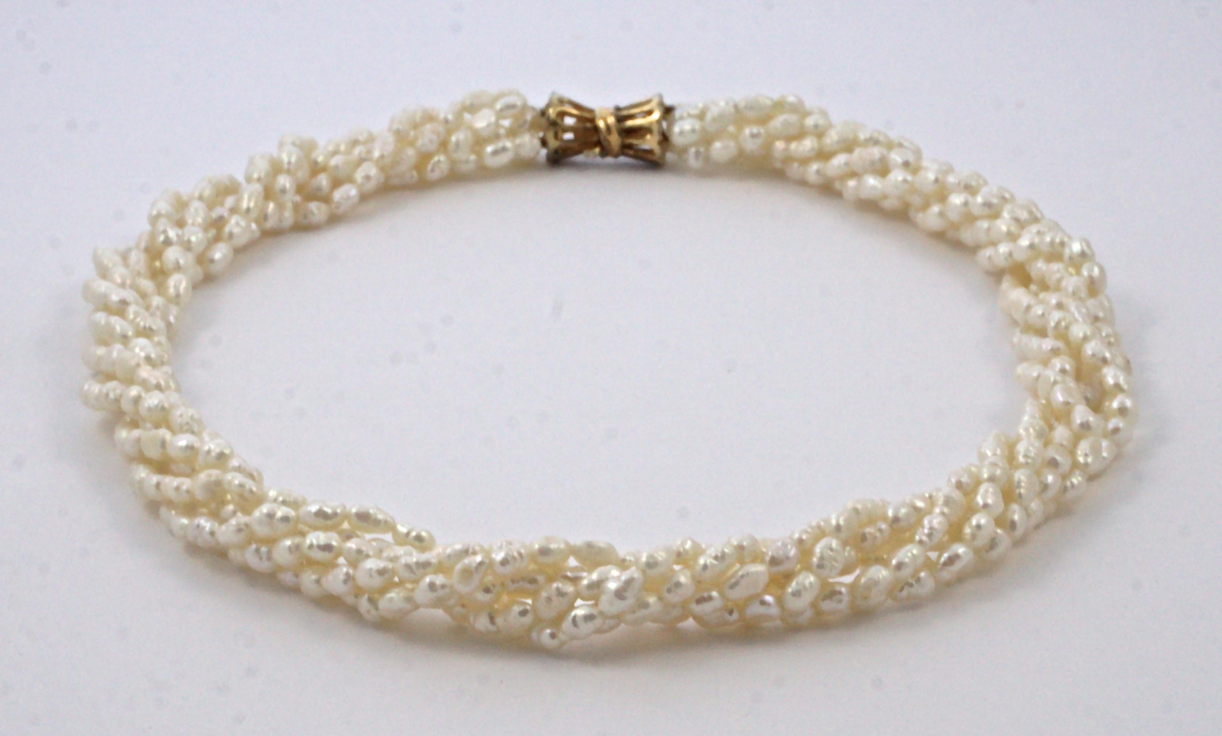 Women's Six Strand Baroque Rice Pearl Necklace Silver Gilt Clasp circa 1970s