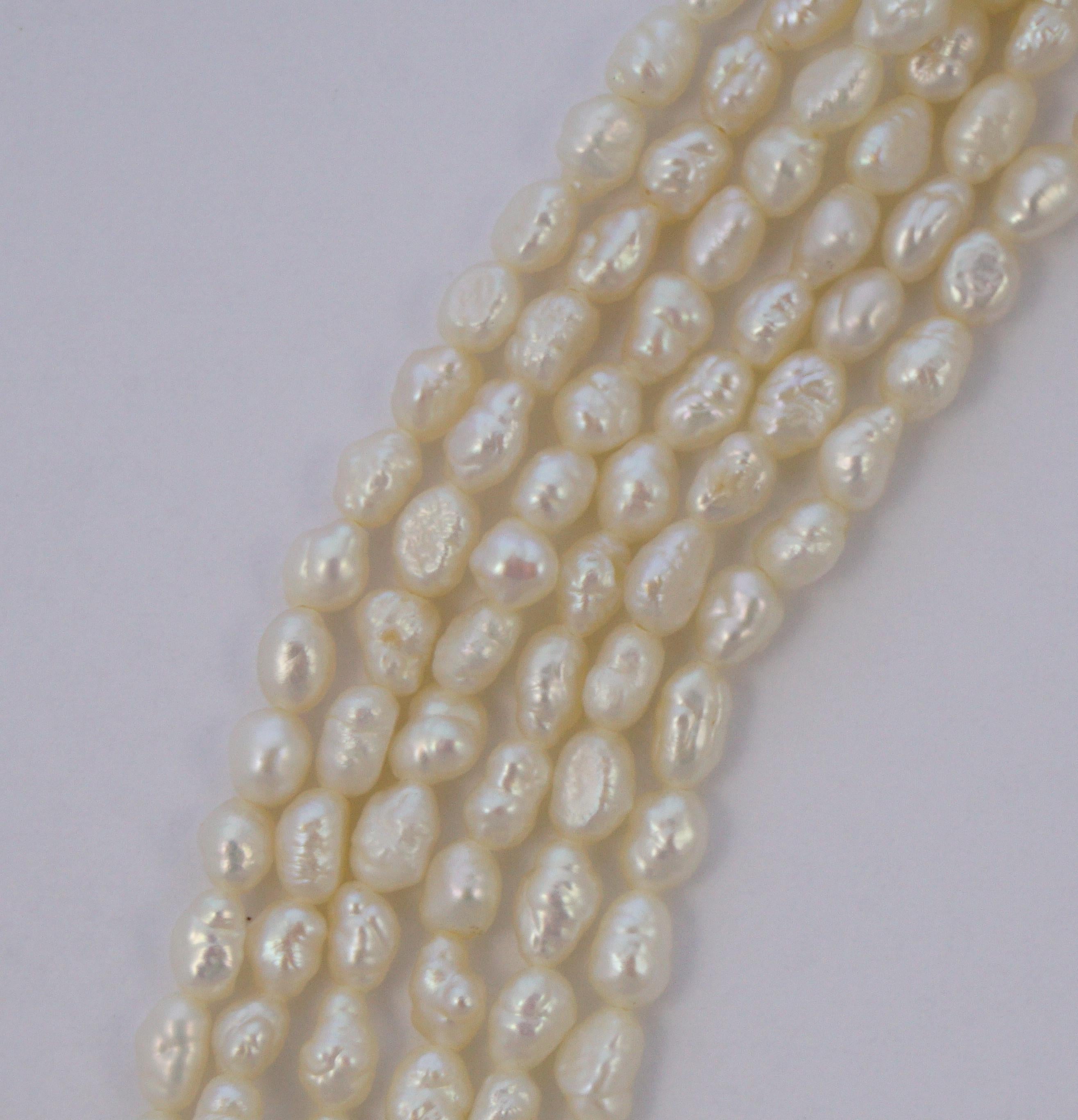 Six Strand Baroque Rice Pearl Necklace Silver Gilt Clasp circa 1970s 1