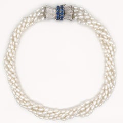 Six-Strand Freshwater Pearl Choker with Vintage White Gold & Sapphire Clasp