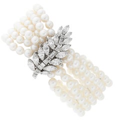 Six-Strand Pearl and Diamond Bracelet