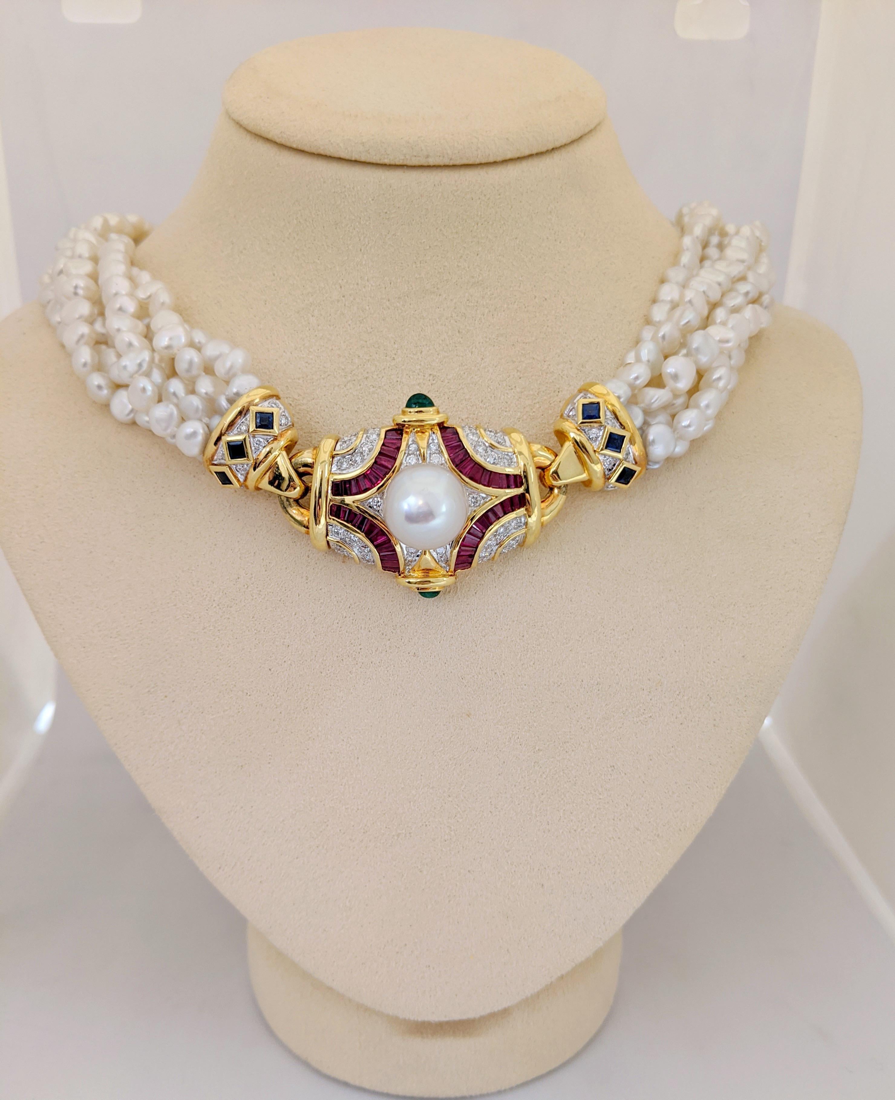 Retro Six Strand Pearl Necklace with Diamond, Ruby, Emerald, and Blue Sapphire Center For Sale