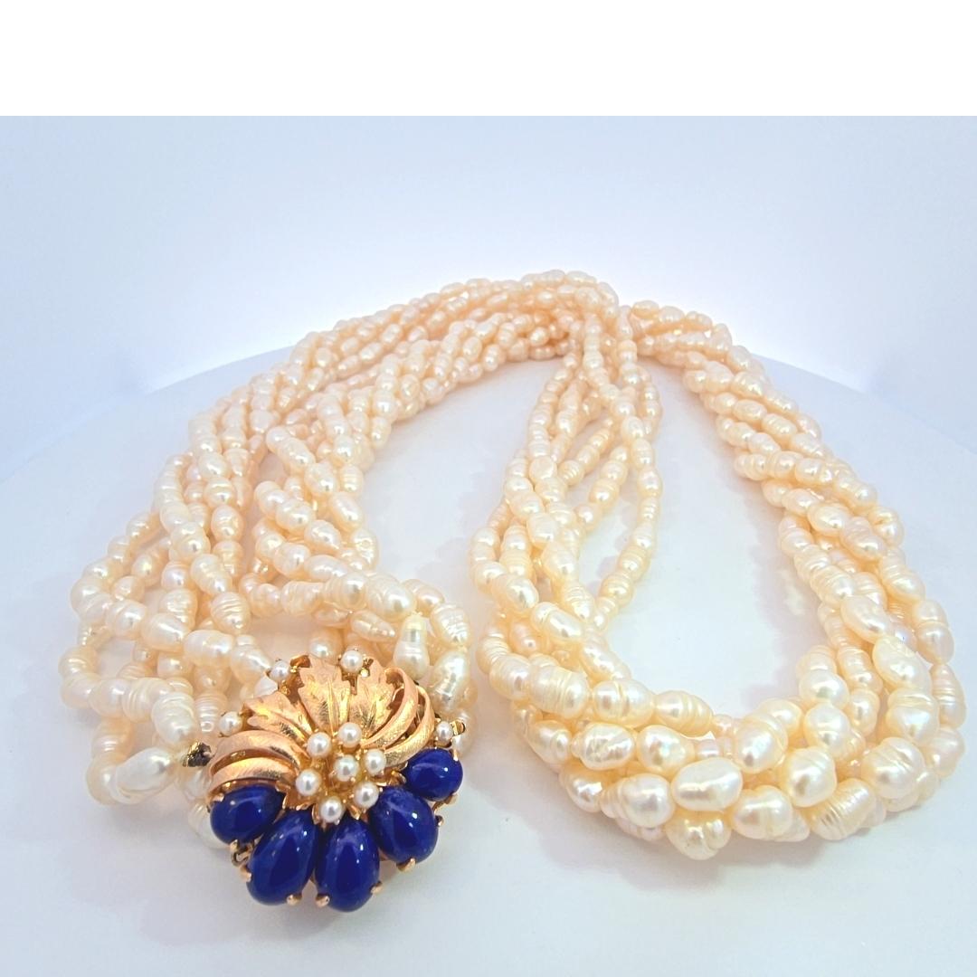 Sechsstrangige Perlenkette mit Lapislazuli- und Perlenverschluss im Zustand „Gut“ im Angebot in Dallas, TX