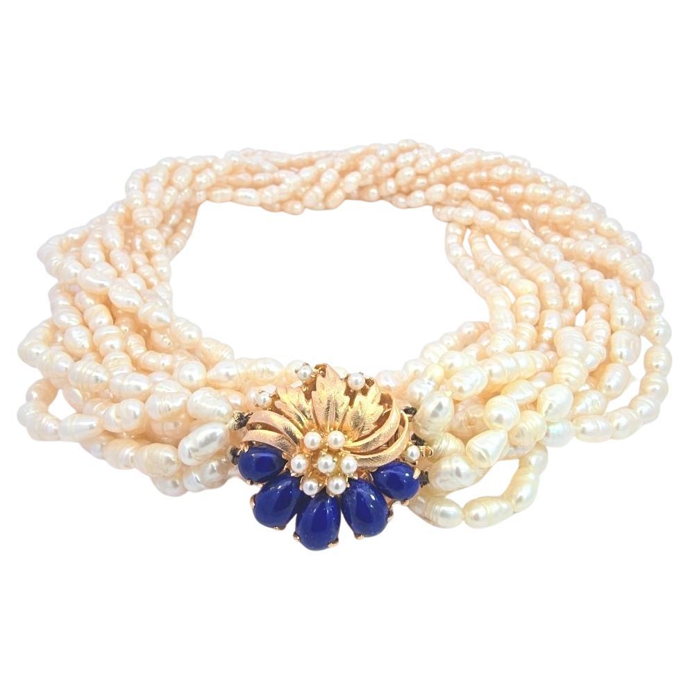 Six Strand Pearl Necklace with Lapis And Pearl Clasp