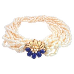 Six Strand Pearl Necklace with Lapis And Pearl Clasp