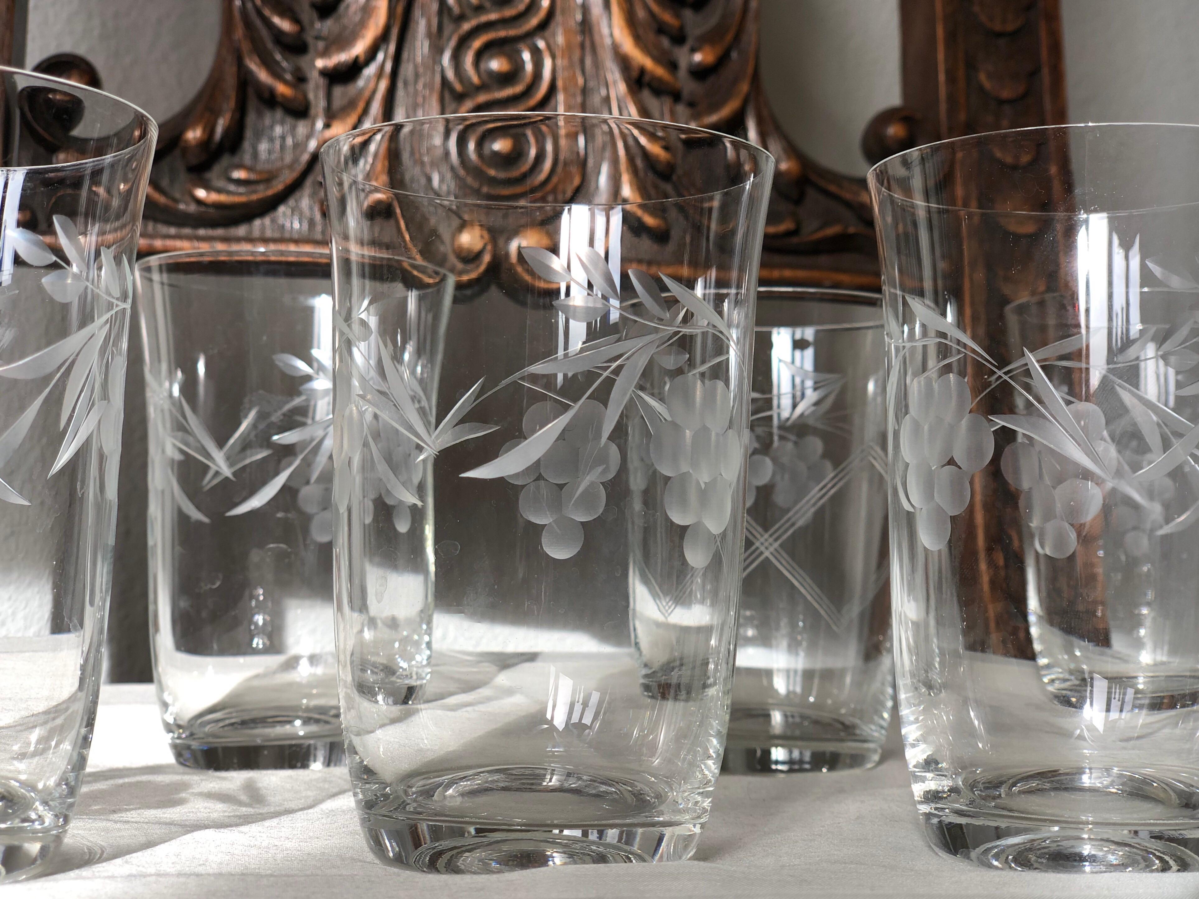 Glass Six Stunning Engraved Grape Victorian Etched Tumbler or Goblets SALE 