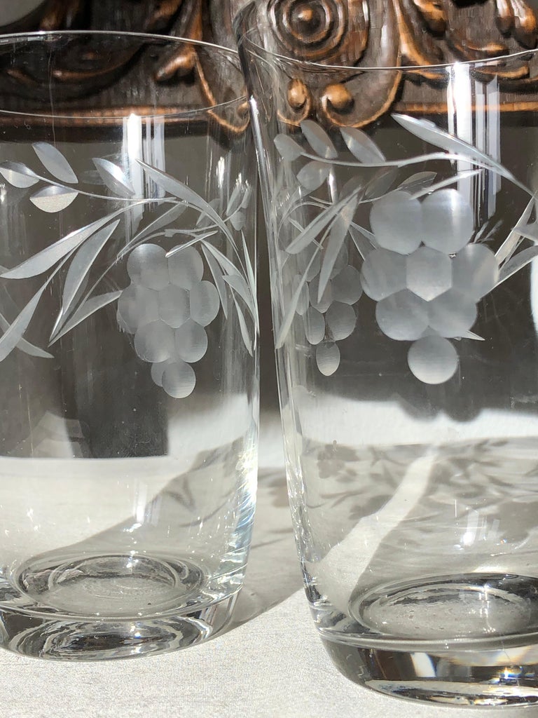 Six Stunning Engraved Grape Victorian Etched Tumbler or Goblets SALE at