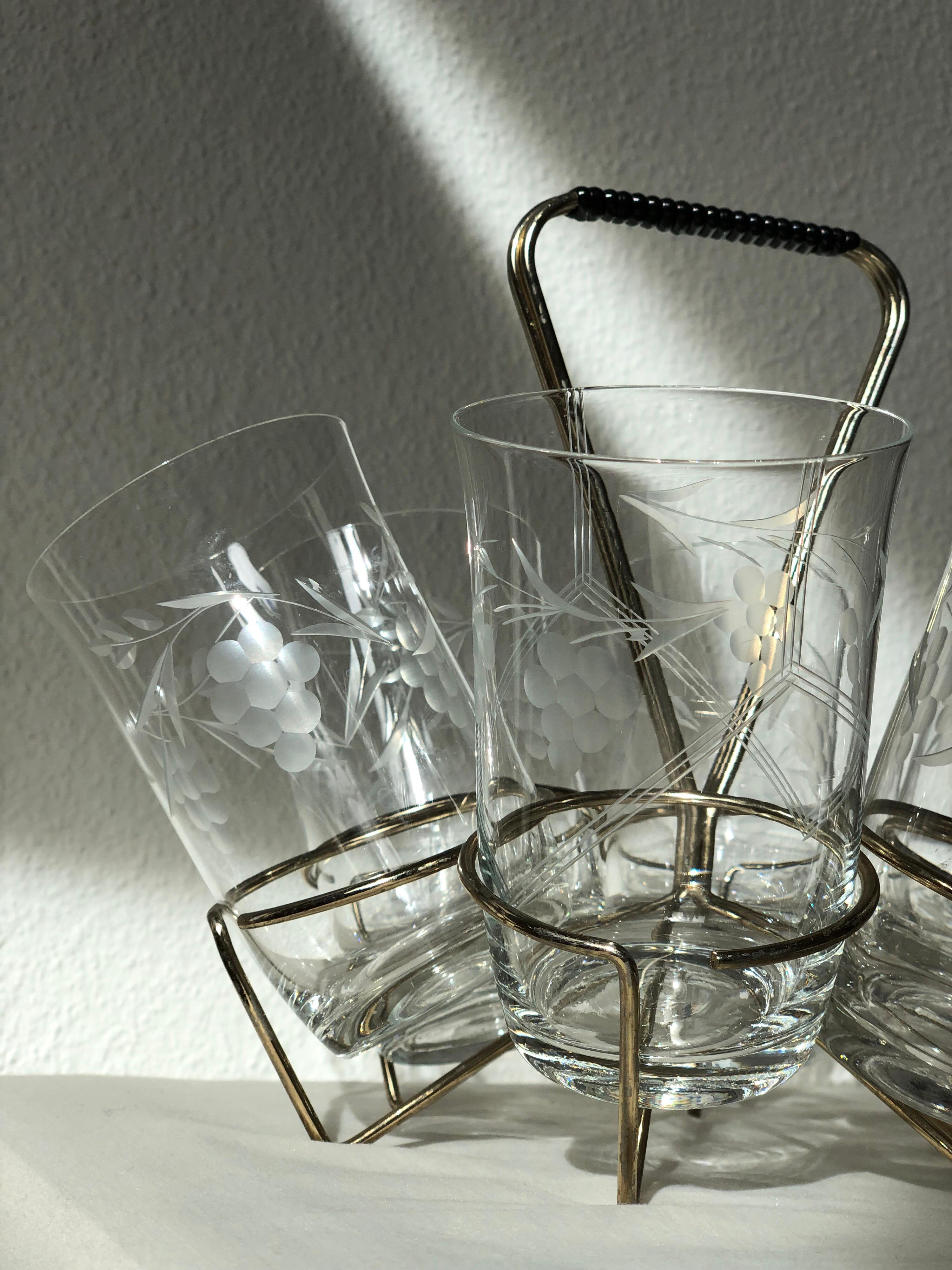 Mid-20th Century Six Stunning Engraved Grape Victorian Etched Tumbler or Goblets SALE