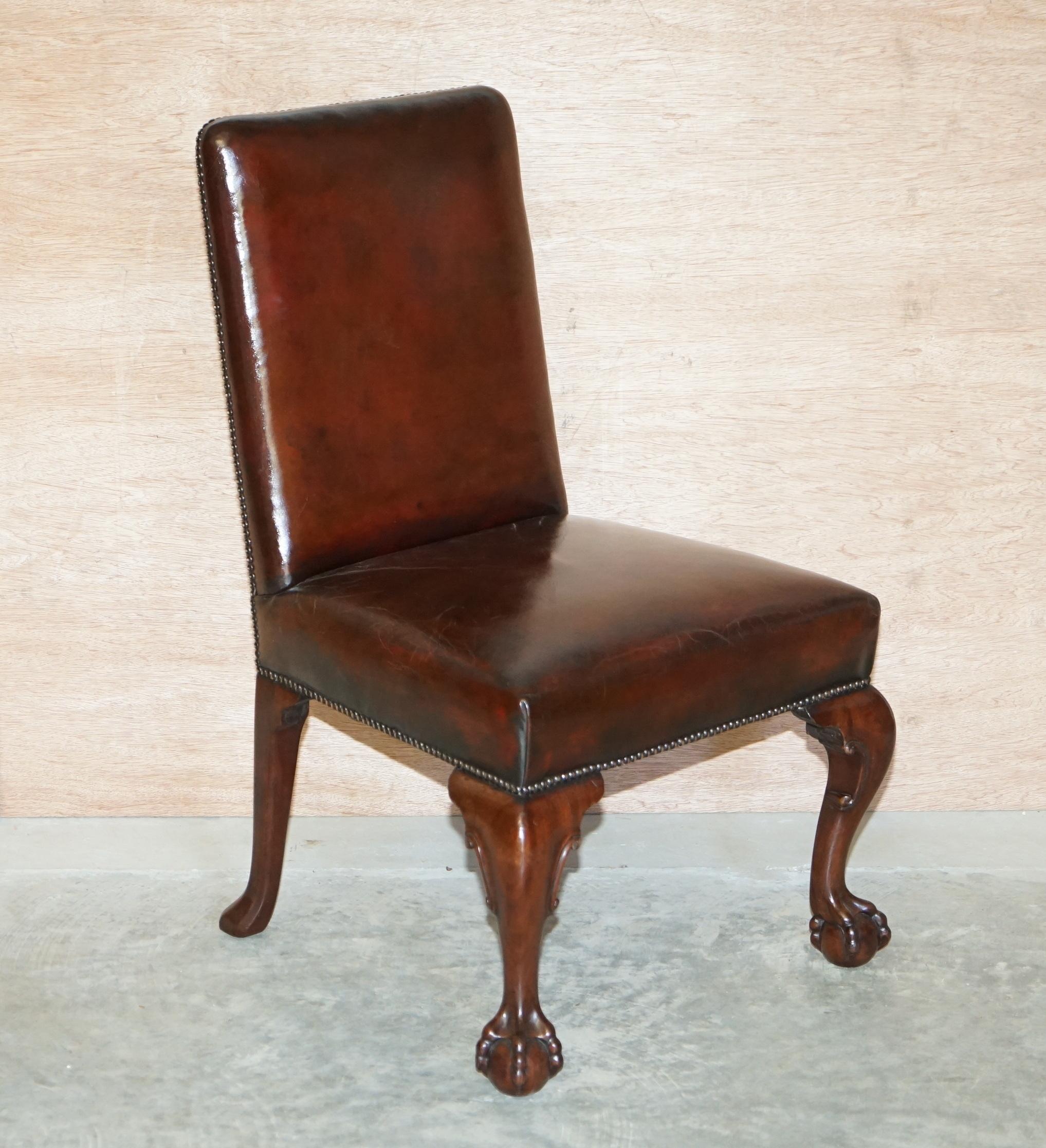 We are delighted to this stunning suite of six fully restored early Victorian circa 1840 mahogany framed brown leather dining chairs

These are a very fine, highly decorative and extremely comfortable suite of chairs, the seat bases are