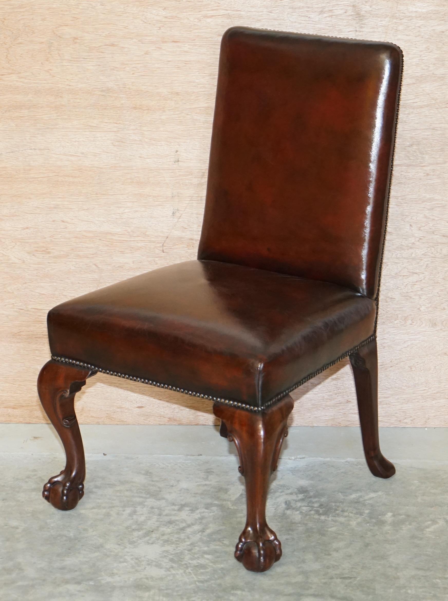 English Six Stunning Fully Restored Brown Leather Hardwood Claw & Ball Dining Chairs 6 For Sale
