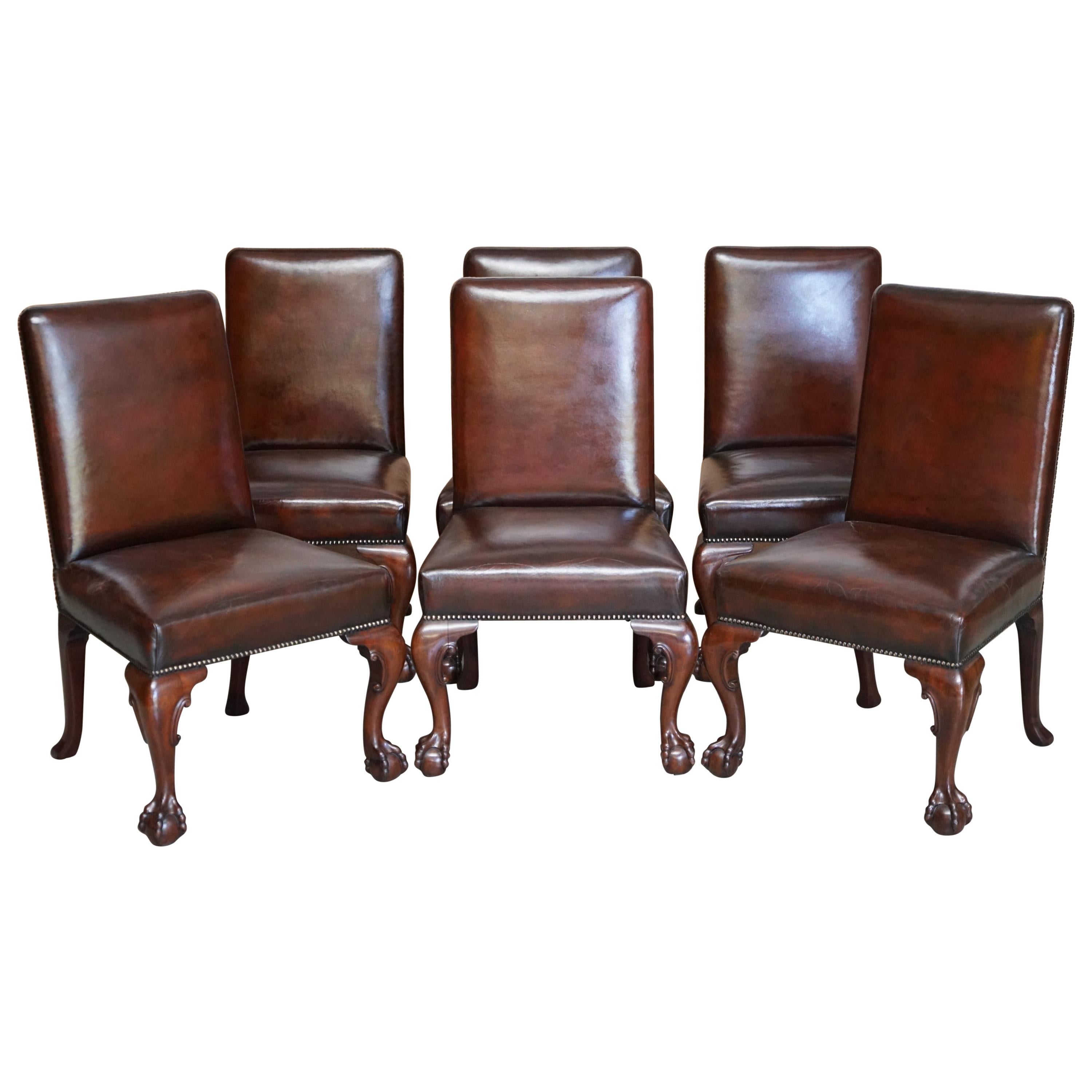 Six Stunning Fully Restored Brown Leather Hardwood Claw & Ball Dining Chairs 6 For Sale