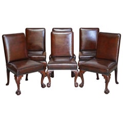 Seis Impresionantes Sillas de Comedor Claw & Ball de Madera Dura y Cuero Marrón Totalmente Restauradas 6