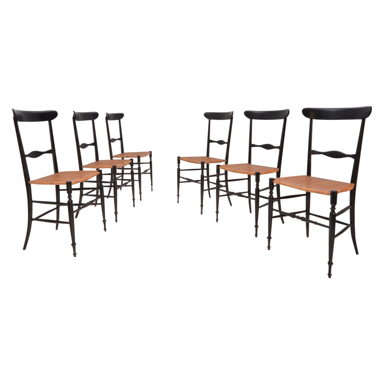 Six Super Light Chiavarina Dining Chairs, Painted Wood, Wicker Seat, Italy, 1940