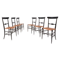 Six Super Light Chiavarina Dining Chairs, Painted Wood, Wicker Seat, Italy, 1940