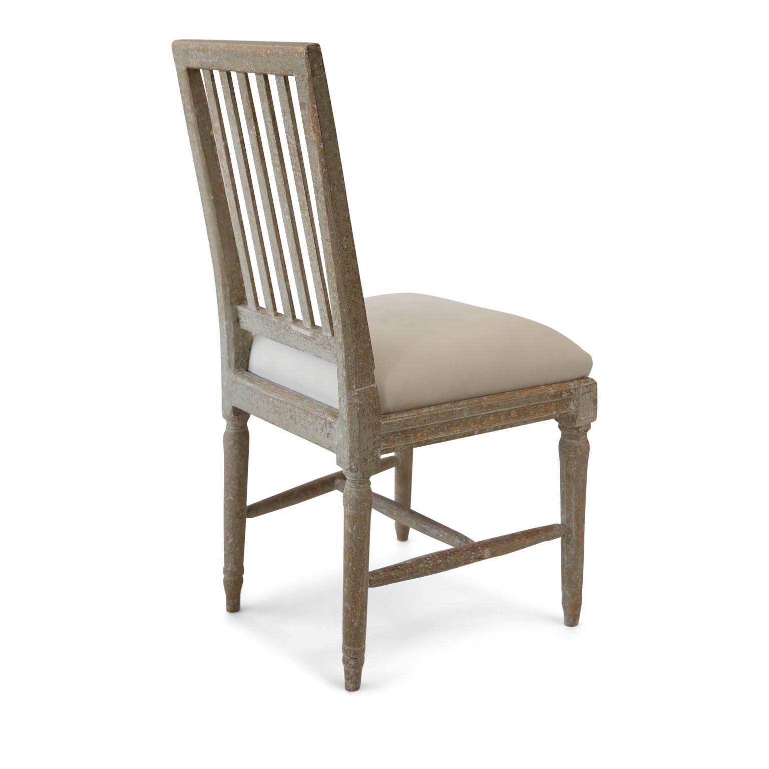 Hand-Carved Six Green-Gray Painted Swedish Dining Chairs