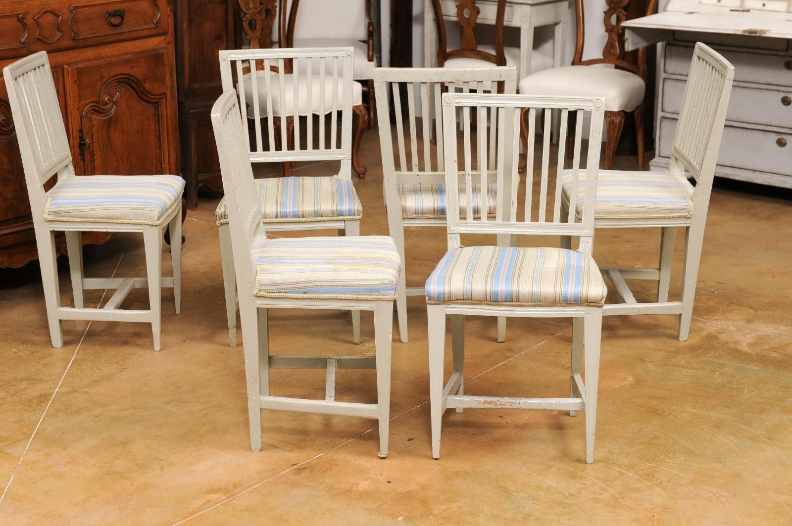 Upholstery Six Swedish Gustavian Style 1850s Painted Wood Side Chairs with Carved Rosettes For Sale