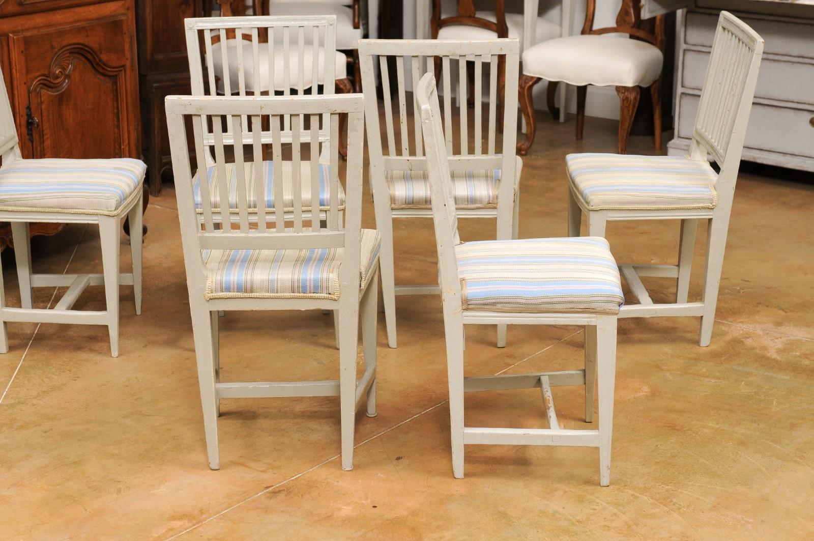 Six Swedish Gustavian Style 1850s Painted Wood Side Chairs with Carved Rosettes For Sale 1