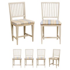 Six Swedish Gustavian Style 1850s Painted Wood Side Chairs with Carved Rosettes