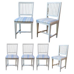 Antique Six Swedish Gustavian Style 1850s Painted Wood Side Chairs with Carved Rosettes