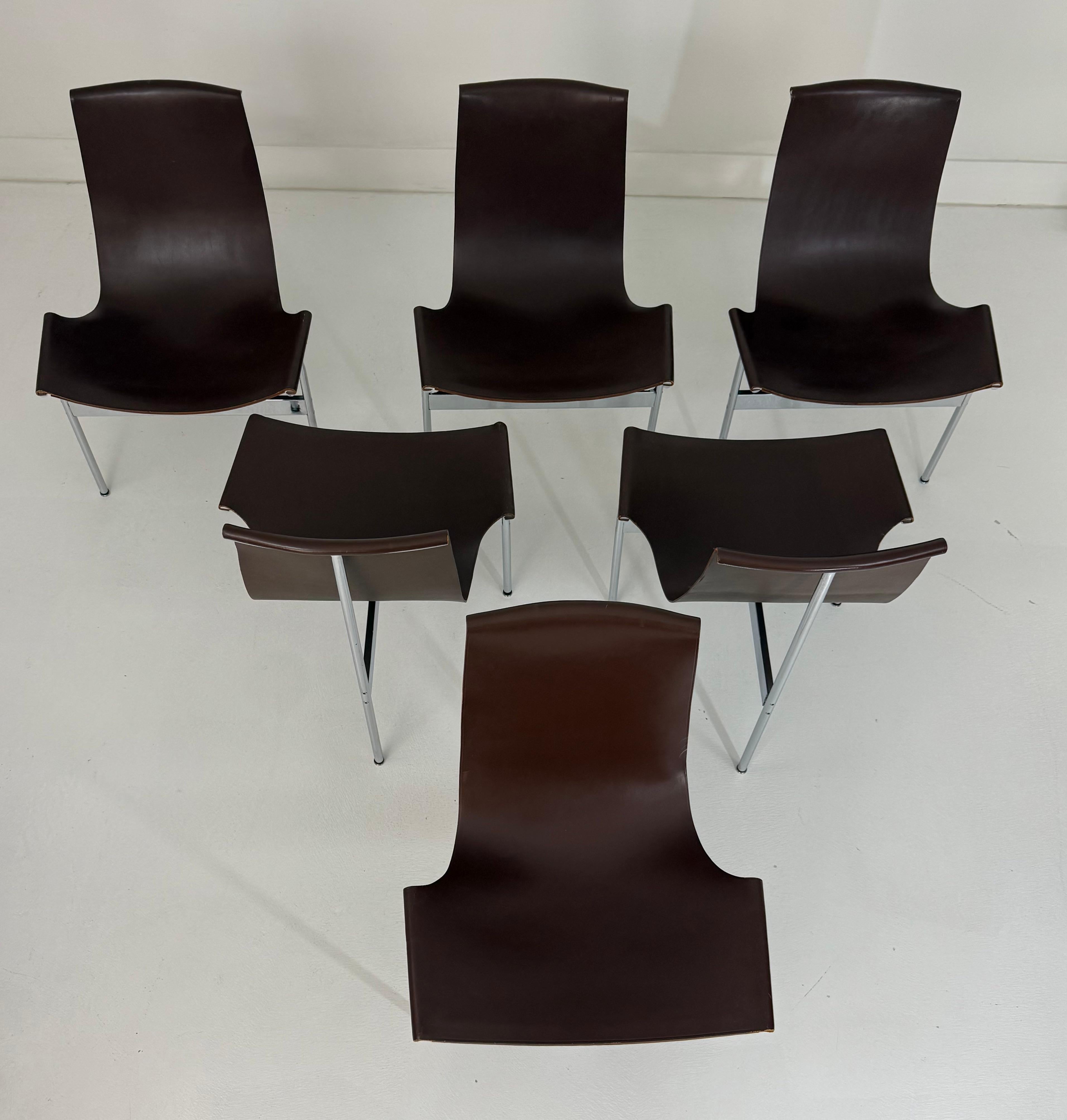 A sculptural and iconic set of six “T” chairs designed in 1952 by William Katavolos, Douglas Kelley, and Ross Littell for Laverne International. Celebrated for their minimalist elegance and architectural form, these chairs are a hallmark of American