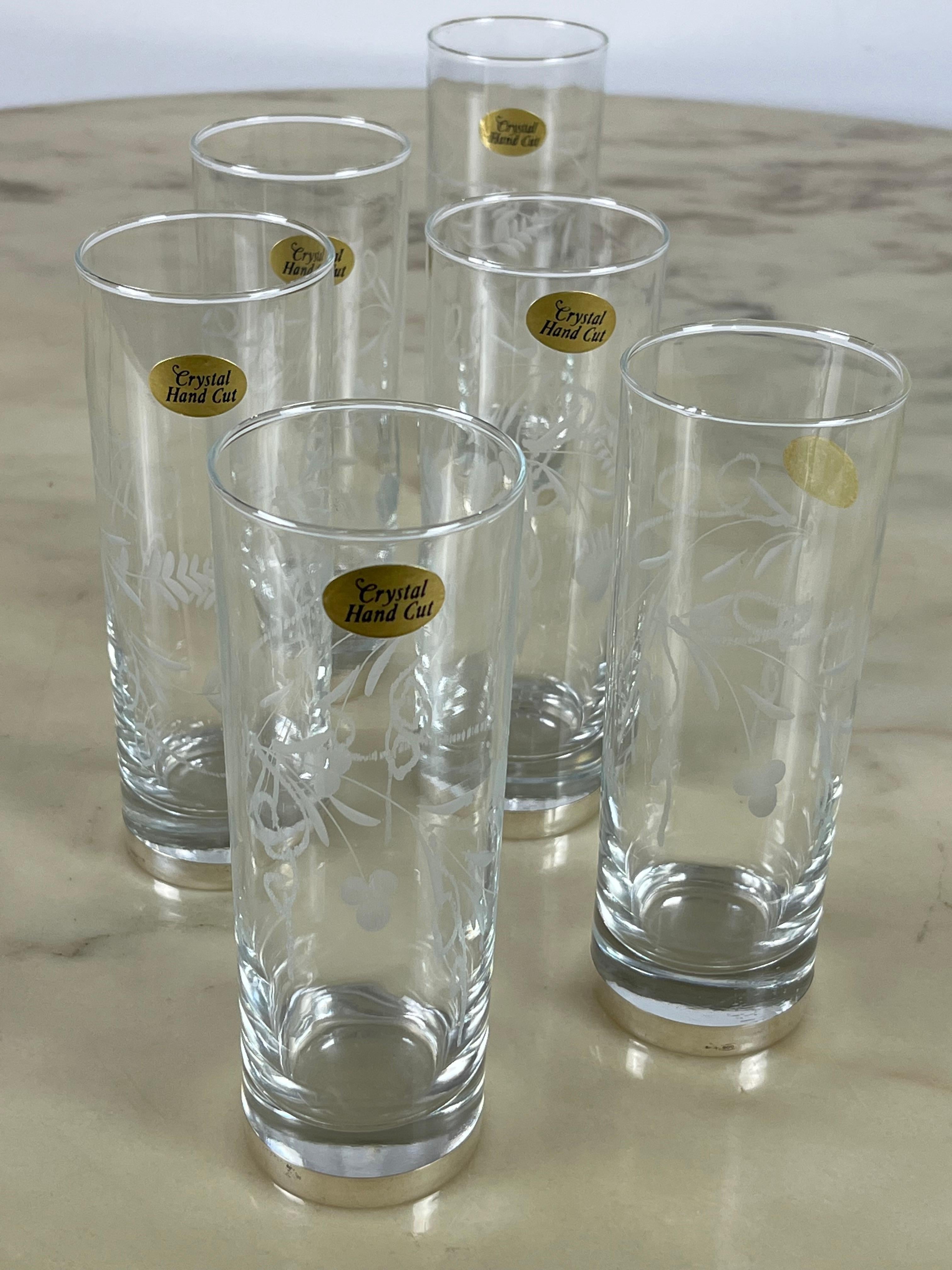 Six Tall Glasses in Engraved Crystal and 800 Silver, Italy, 1970s For Sale 4