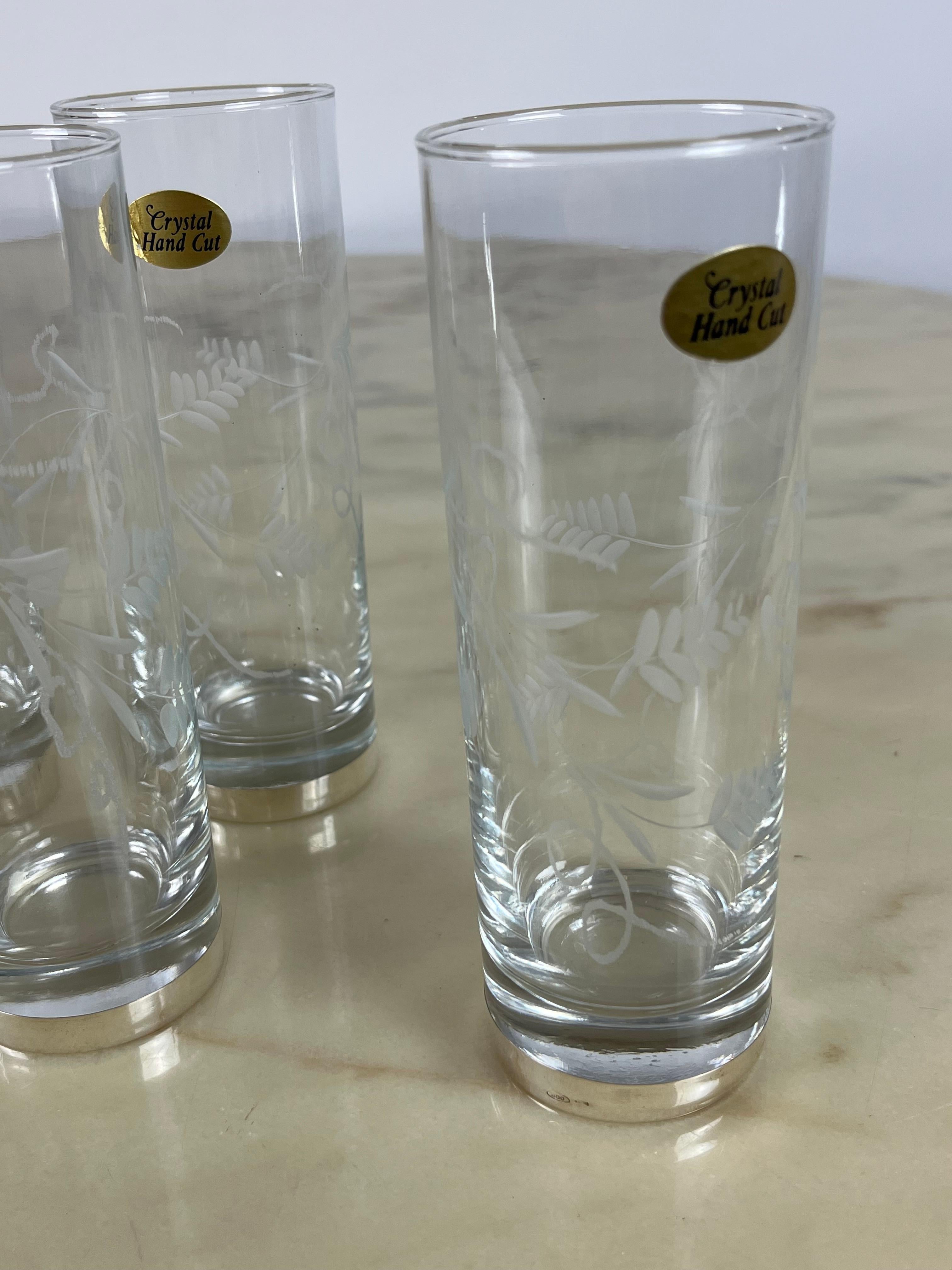 Other Six Tall Glasses in Engraved Crystal and 800 Silver, Italy, 1970s For Sale