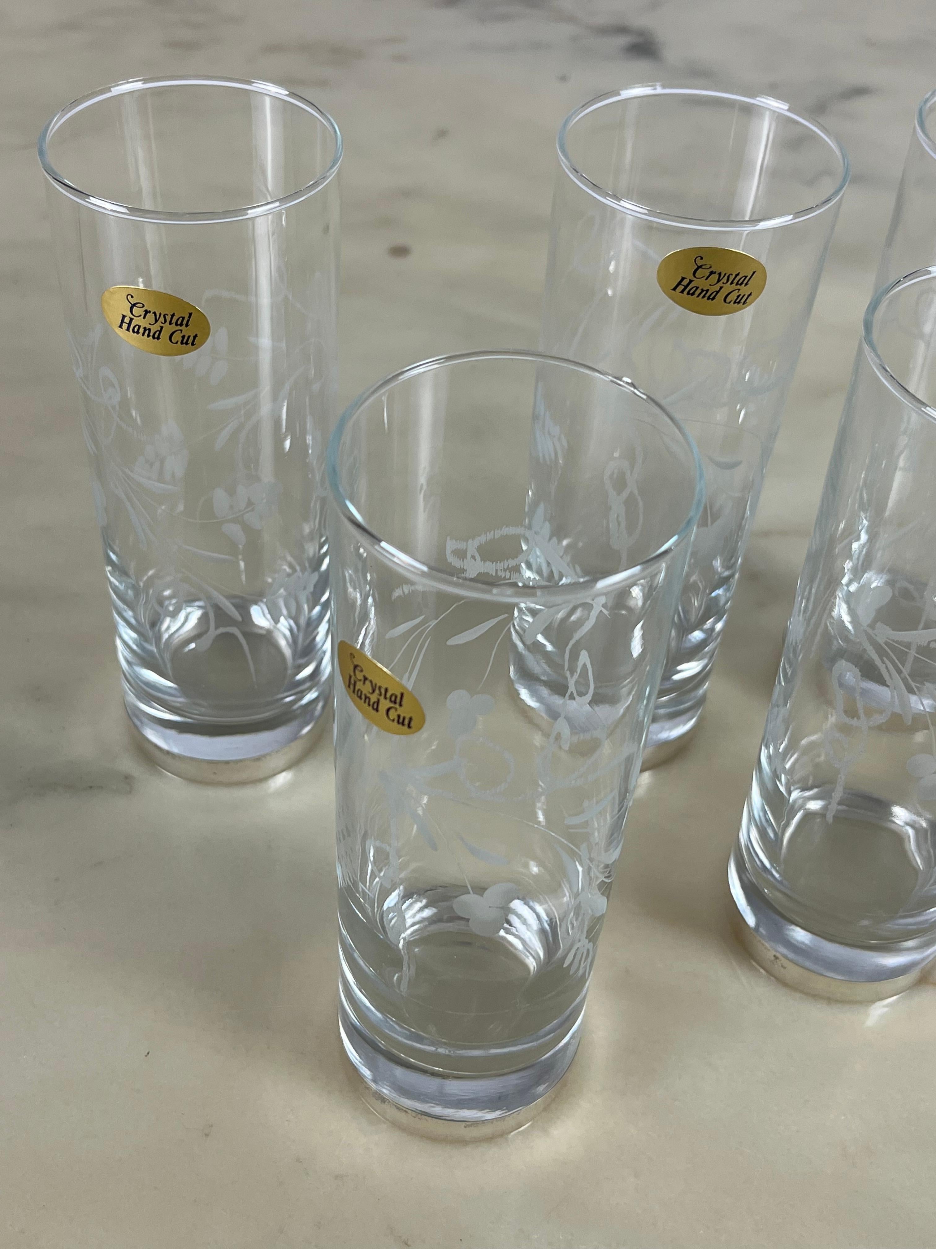 Six Tall Glasses in Engraved Crystal and 800 Silver, Italy, 1970s In Good Condition For Sale In Palermo, IT