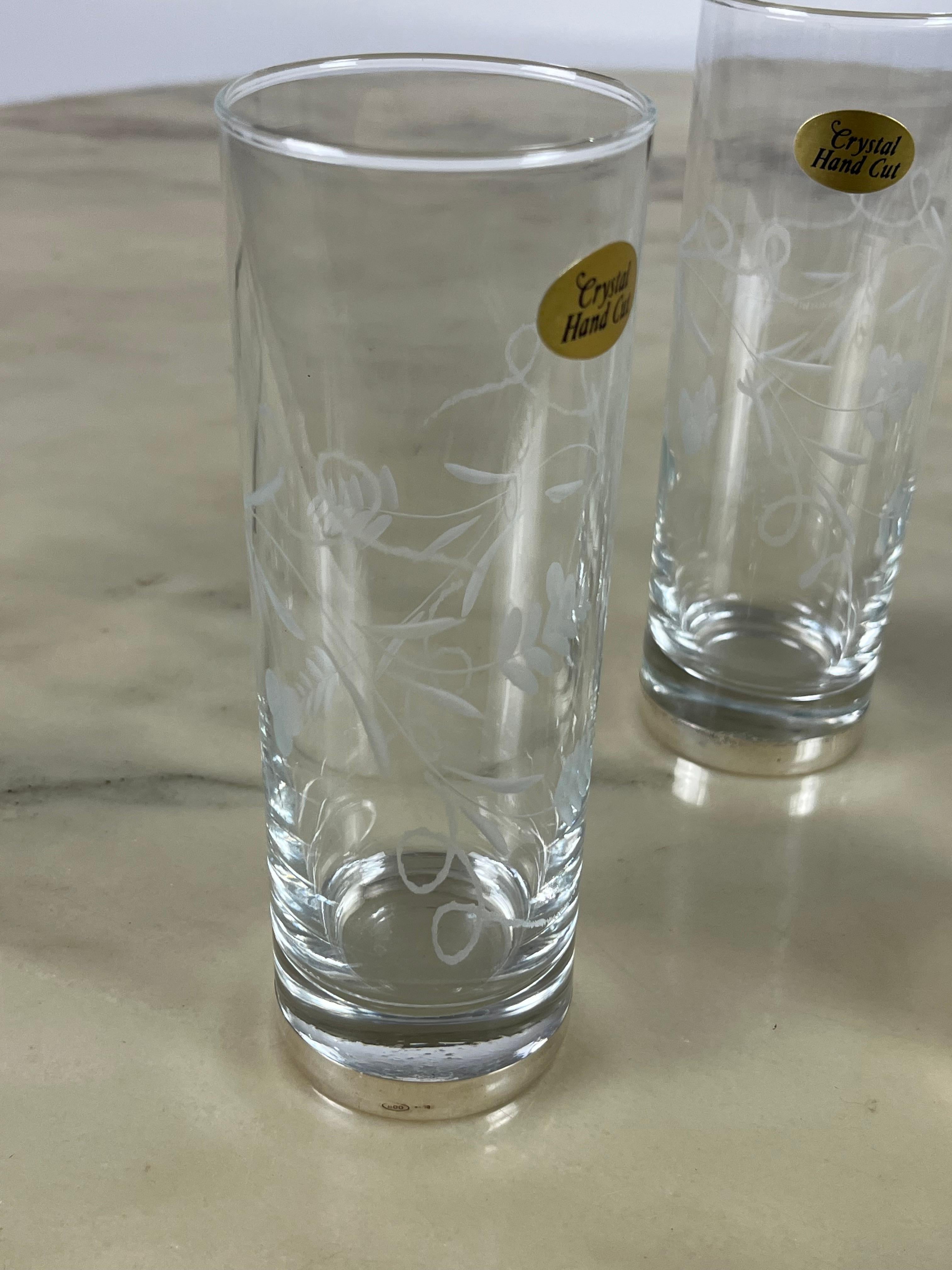 Late 20th Century Six Tall Glasses in Engraved Crystal and 800 Silver, Italy, 1970s For Sale