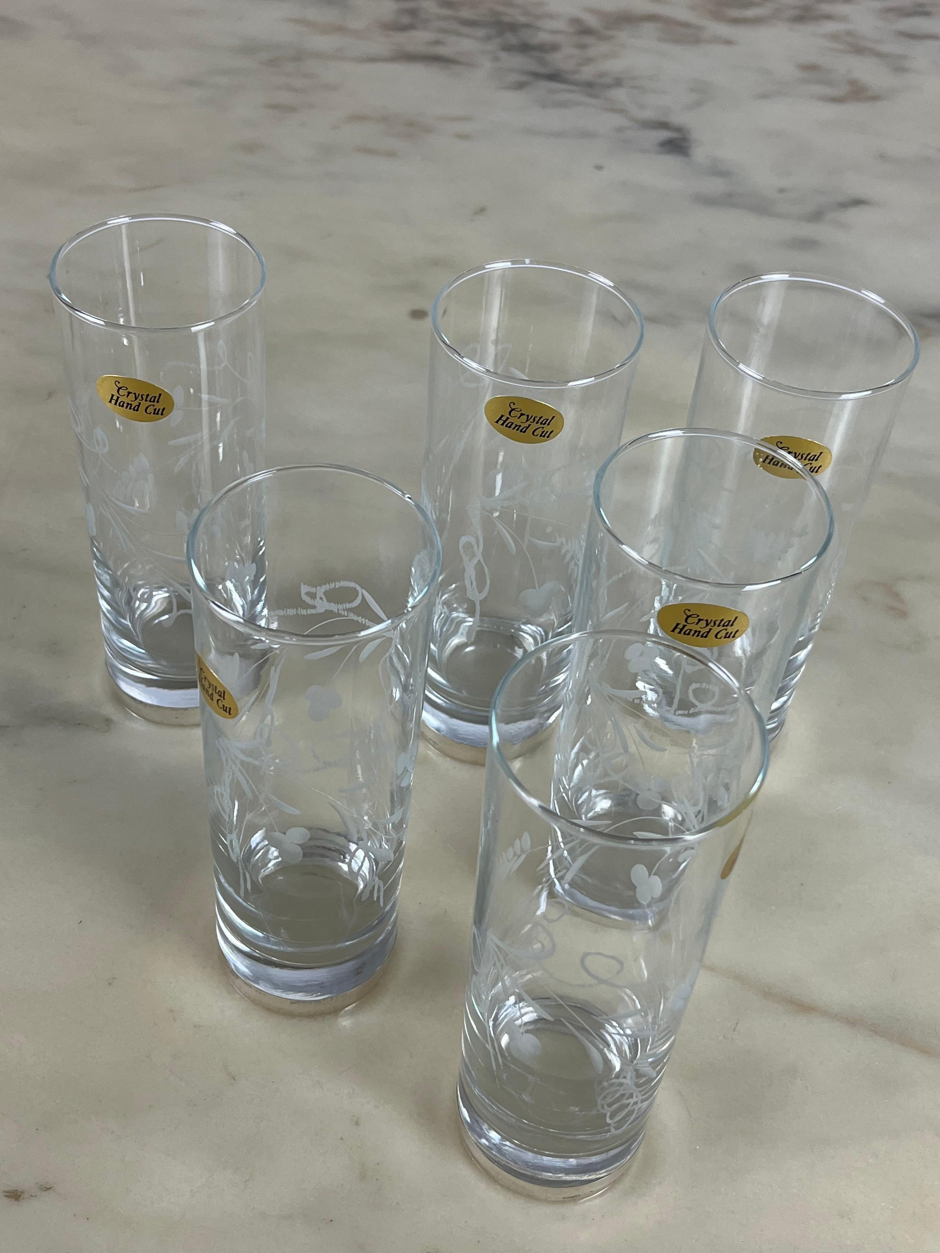 Six Tall Glasses in Engraved Crystal and 800 Silver, Italy, 1970s For Sale 1