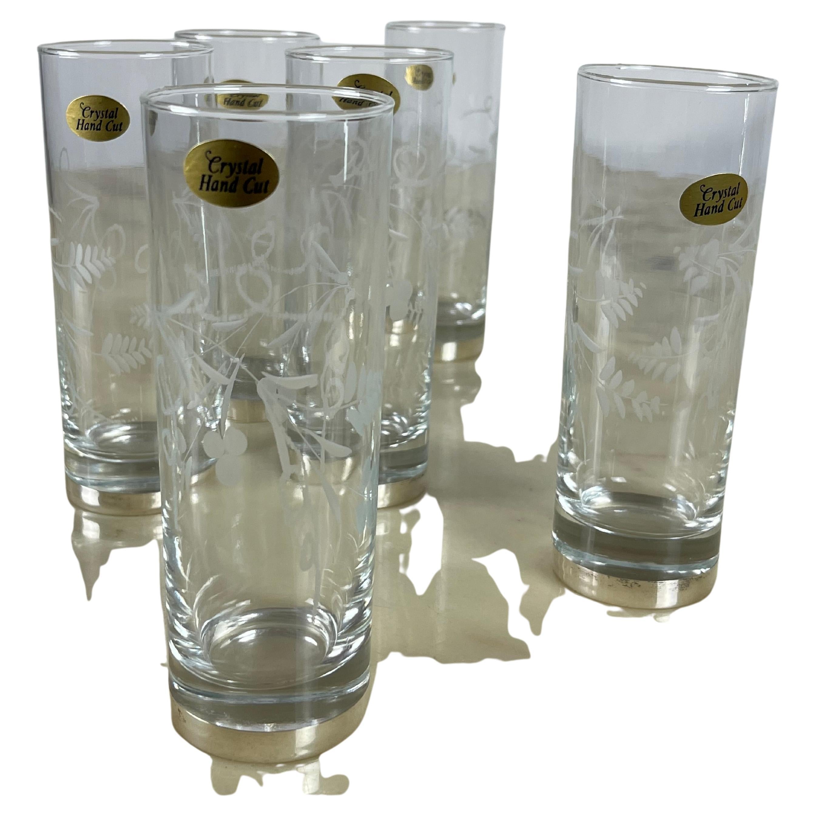 Six Tall Glasses in Engraved Crystal and 800 Silver, Italy, 1970s