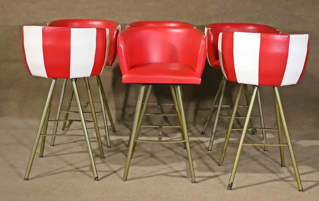 Fun red and white stools on sturdy metal frames with footrests.
Please confirm location.