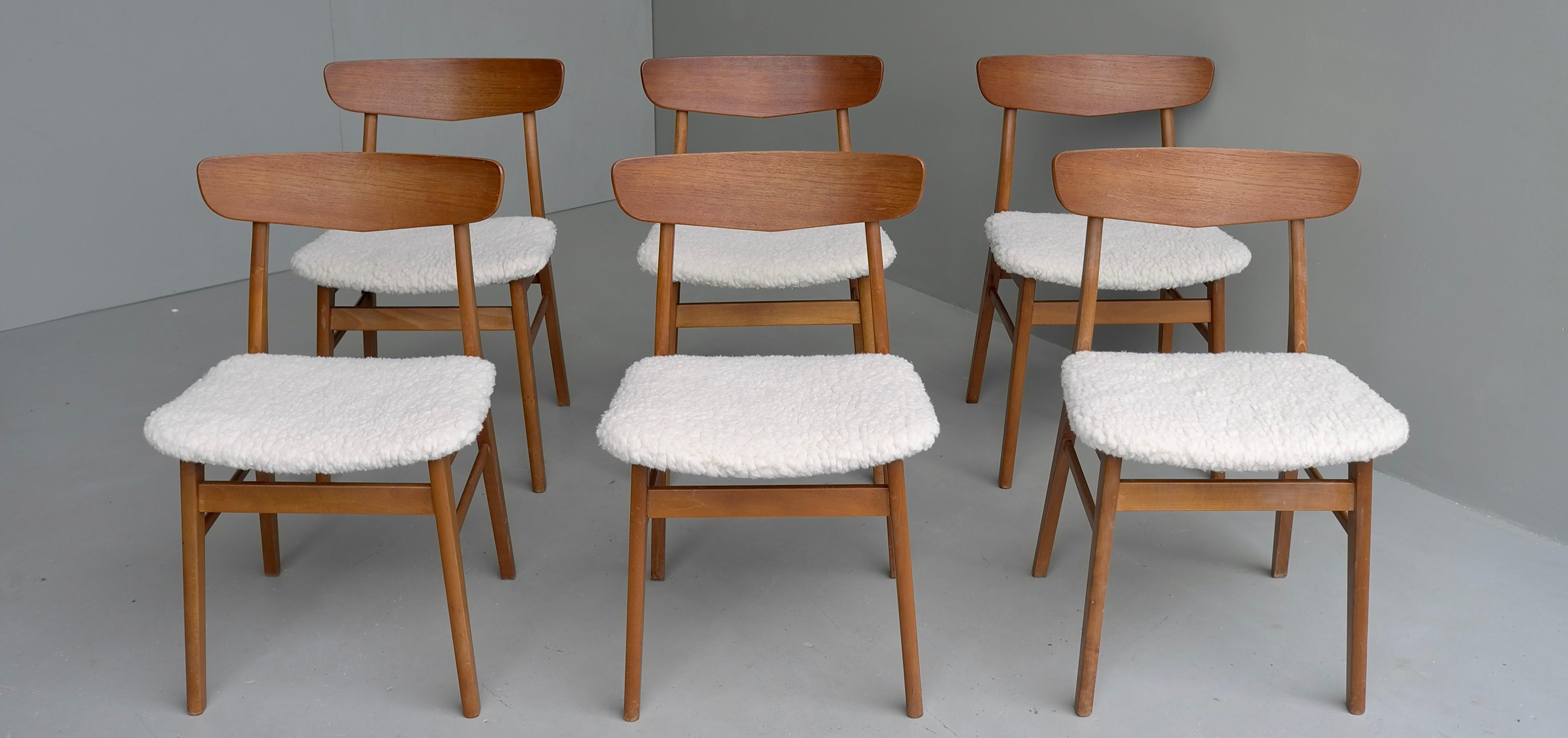 Set of six teak Danish chairs with seats in pure Merino wool, by Farstrup Møbler.