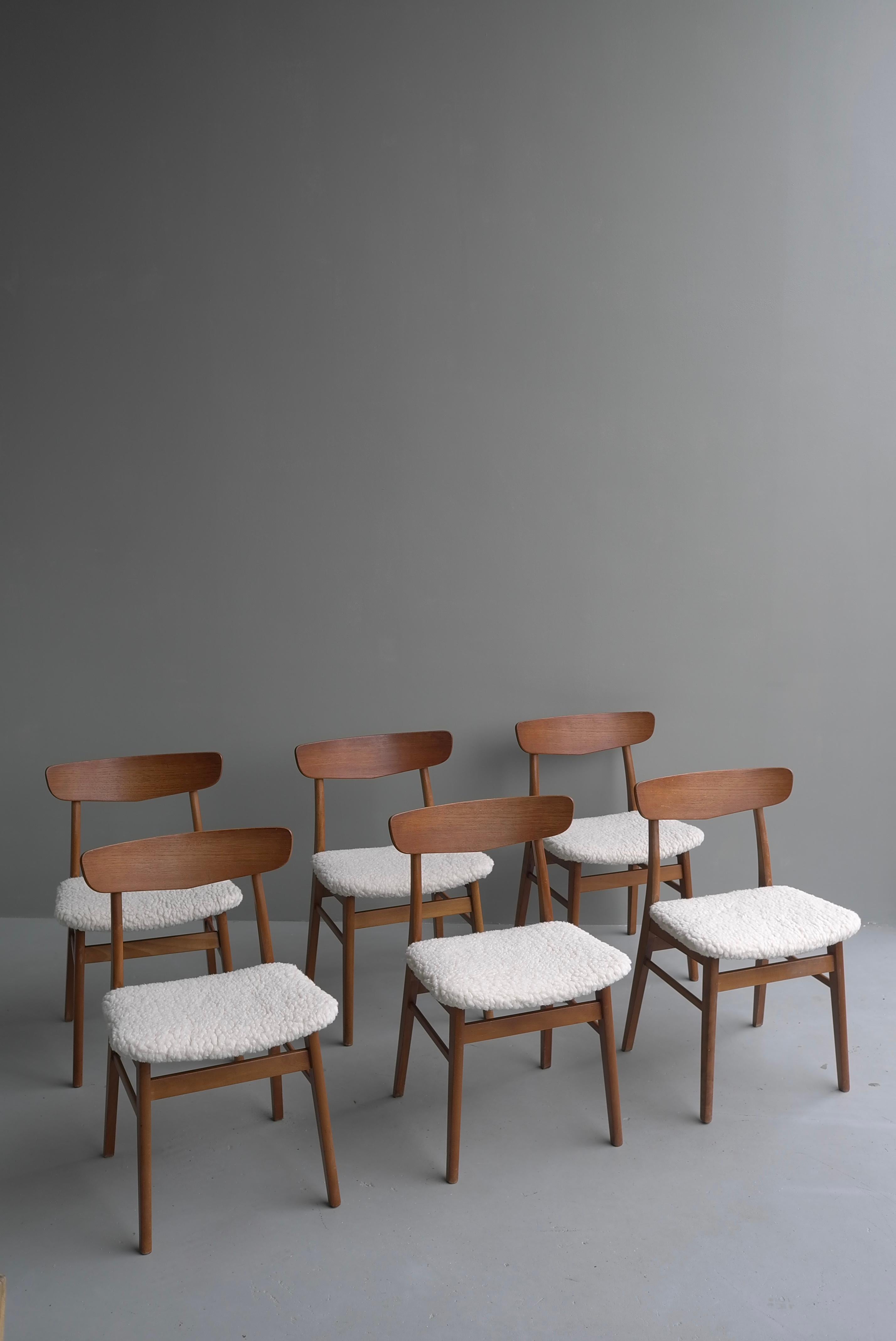 Mid-Century Modern Six Teak Danish Heart Chairs with Seats in Pure Merino Wool, by Farstrup Møbler