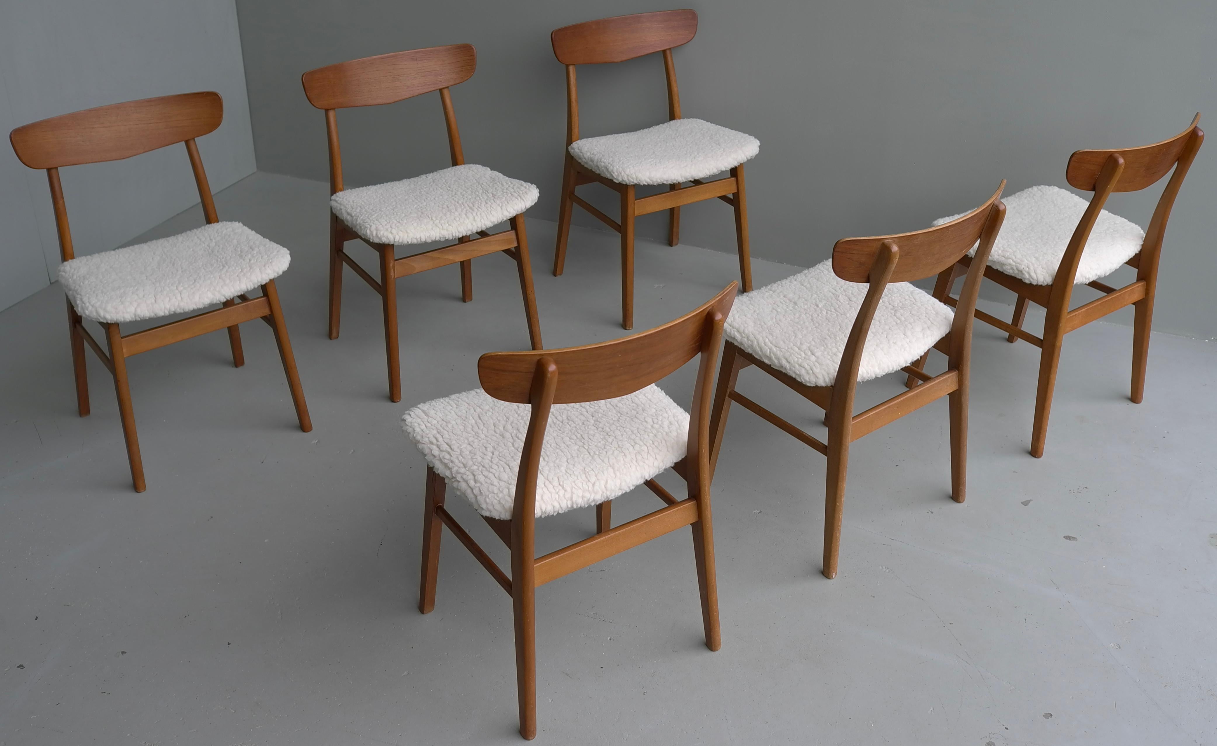 Mid-20th Century Six Teak Danish Heart Chairs with Seats in Pure Merino Wool, by Farstrup Møbler
