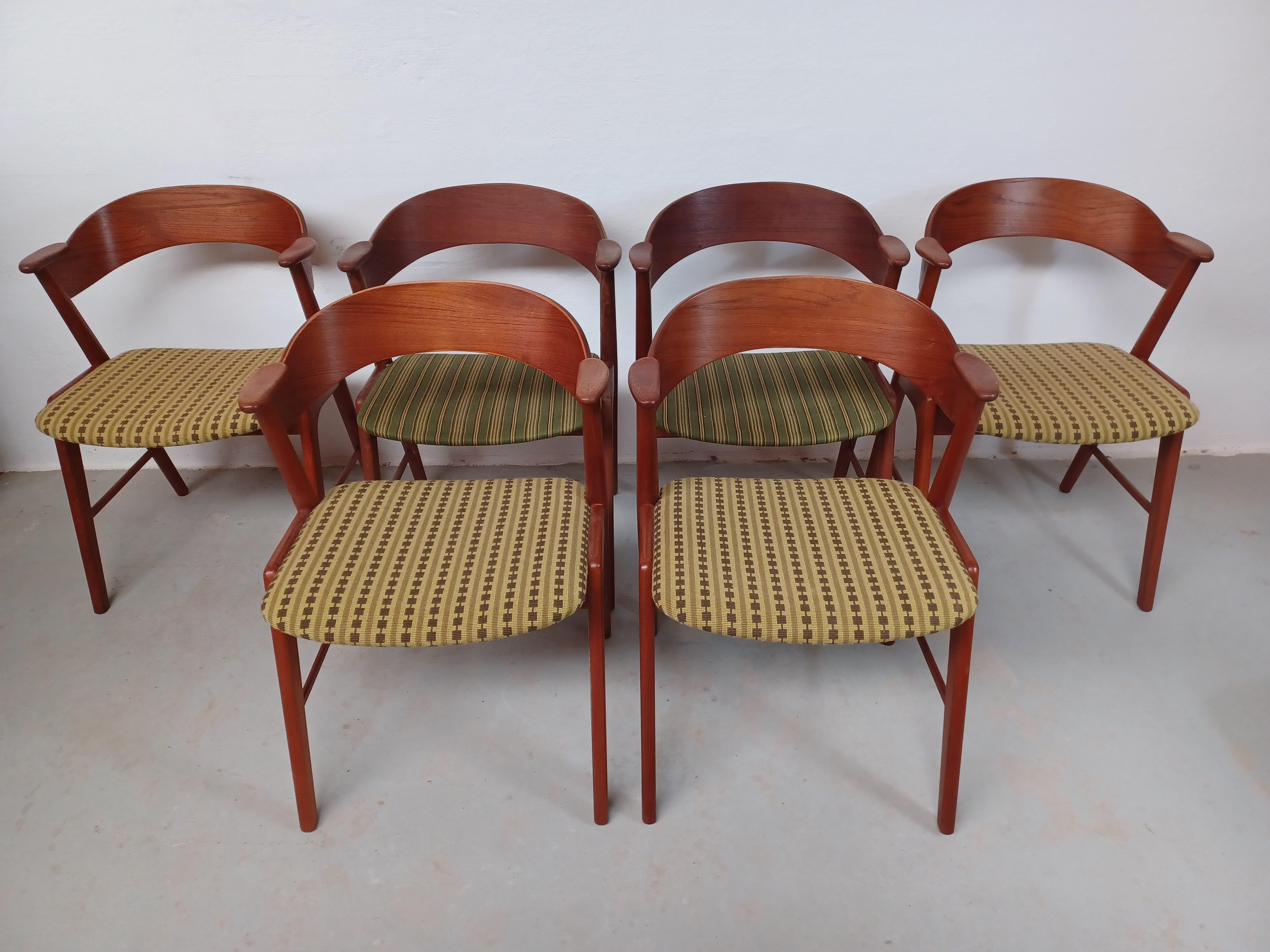 Sechs dänische Teakholz-Esszimmerstühle mit handgefertigter Kreuzstich-Polsterung

Die Esszimmerstühle aus Teakholz mit elegantem Gestell und geschwungenen Rückenlehnen mit kleinen Armlehnen wurden von der Korup Stolefabrik hergestellt. Sie sind