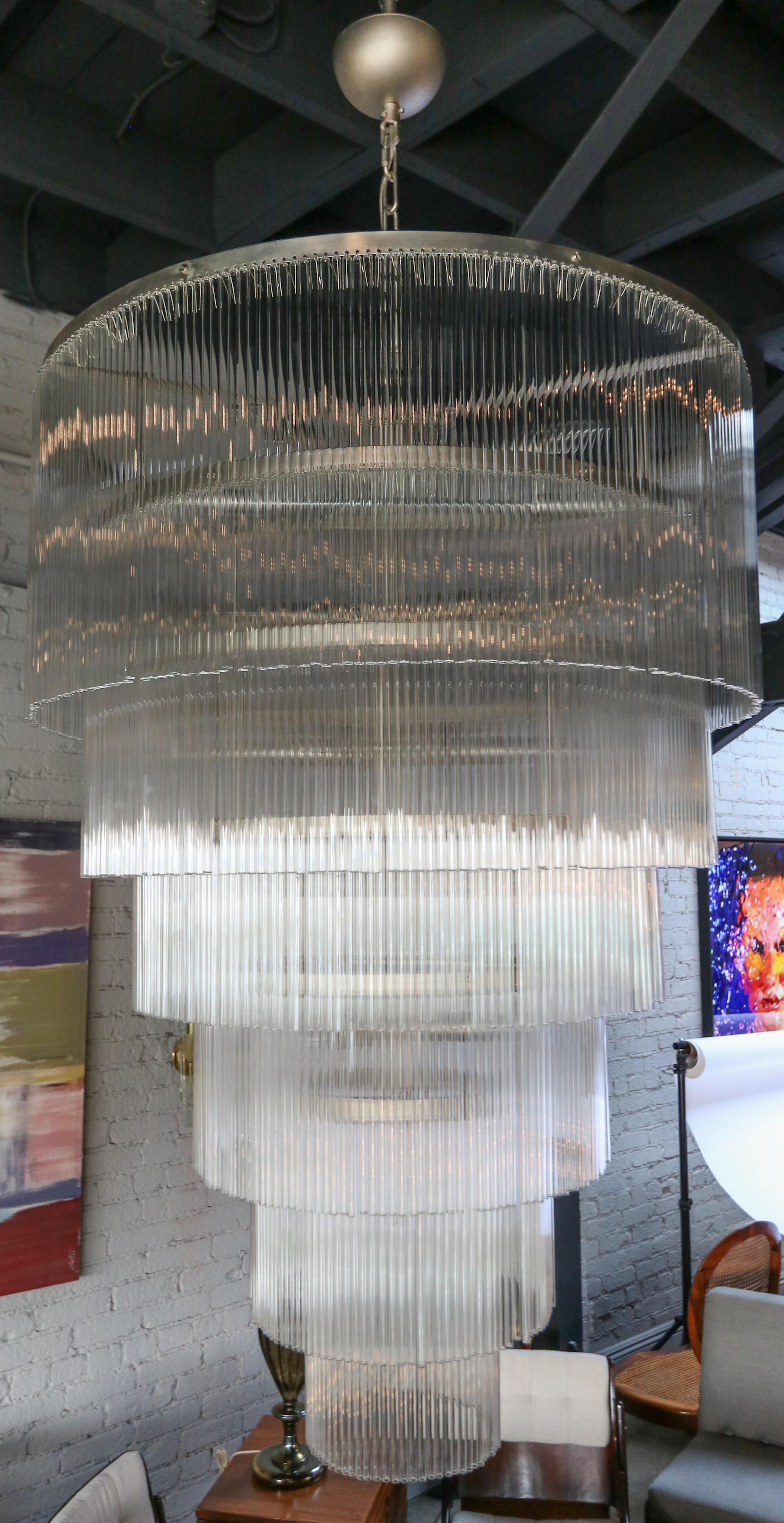 Italian Six-Tiered Clear Glass Rod Chandelier, 1970s For Sale