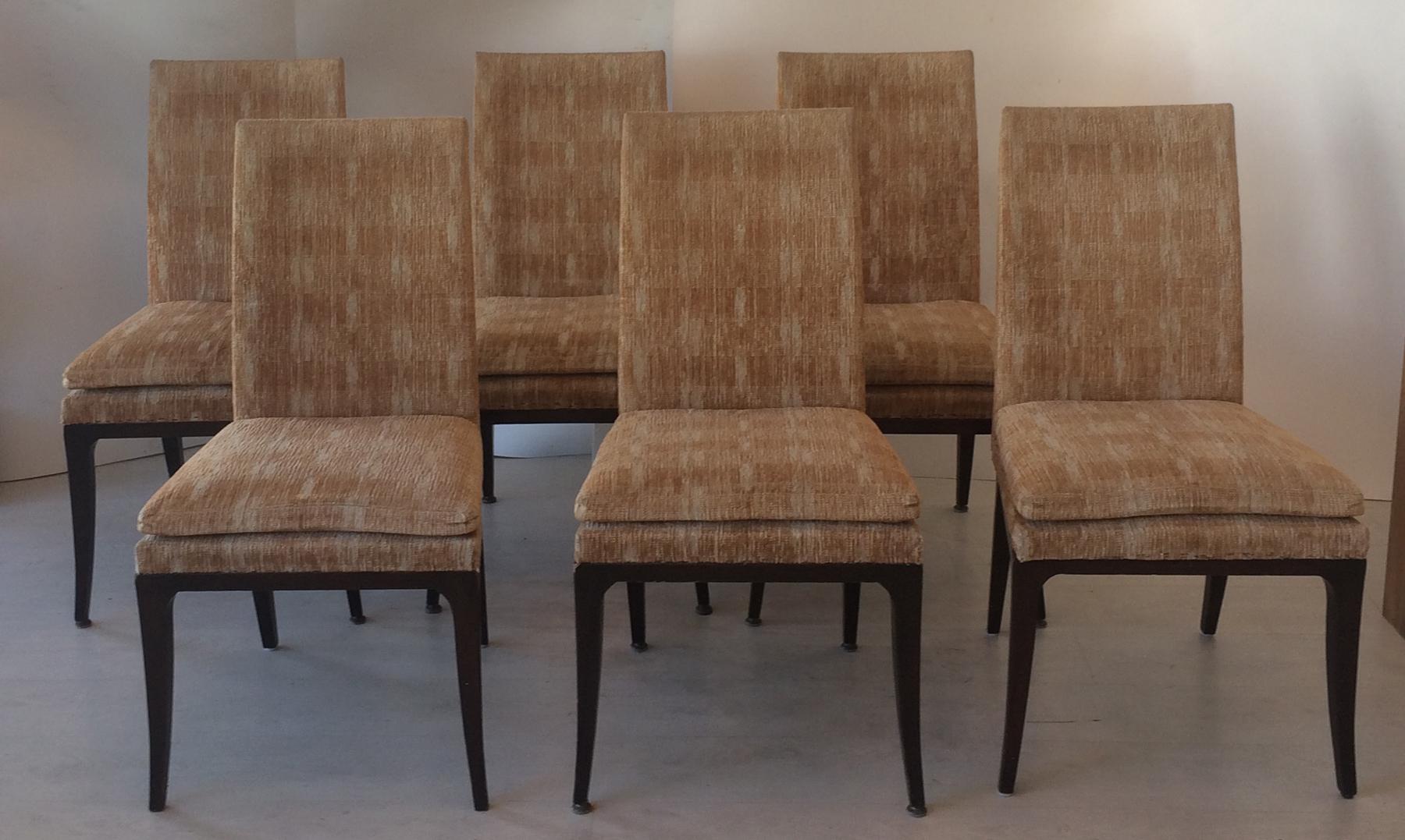 Mahogany frames with original upholstery. Elegantly styled chairs will work with many different decors. Very well made solid wood construction some wear to original fabric.