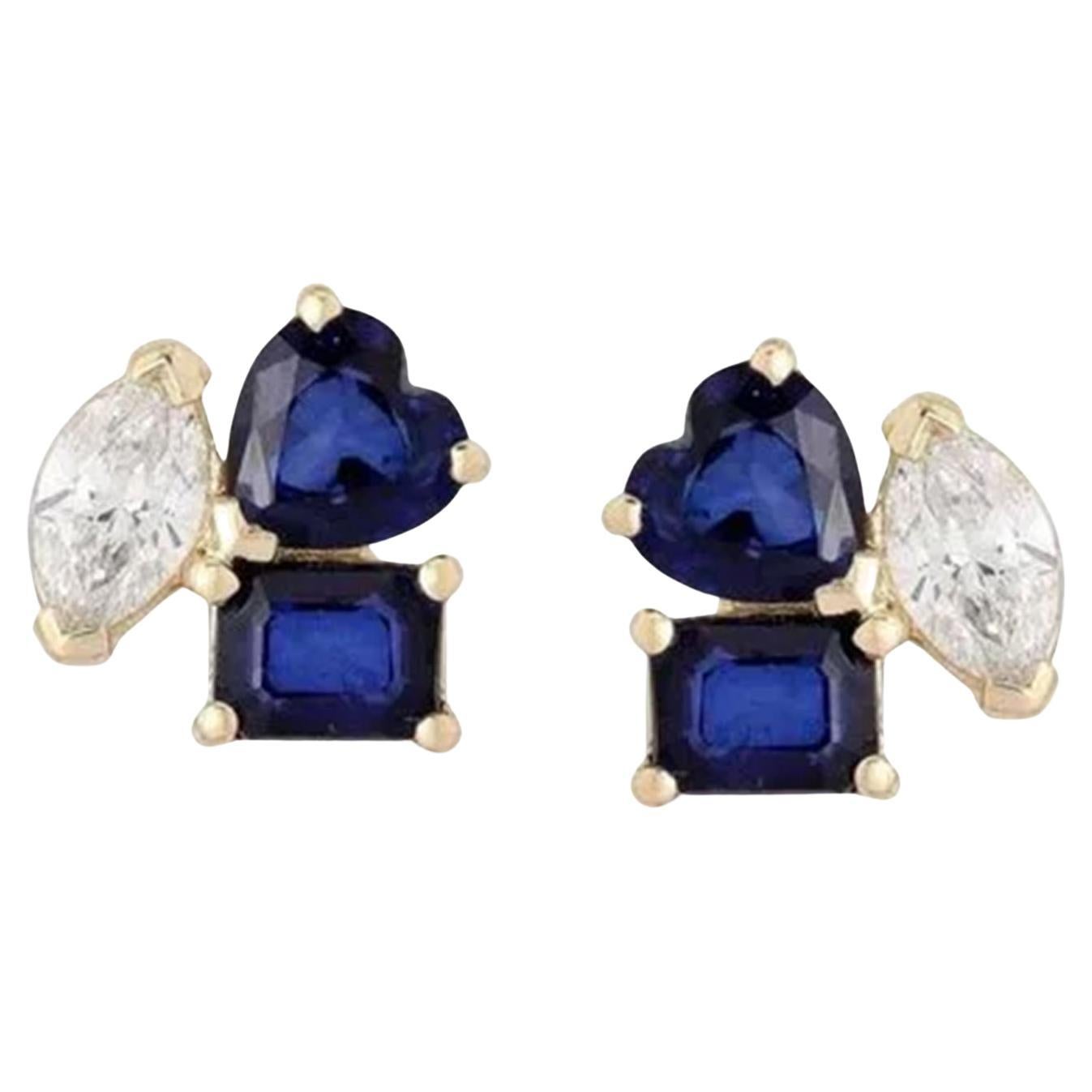 Pendientes de botón de oro amarillo de 14 quilates con zafiro azul de 1,09 ct y diamantes en venta