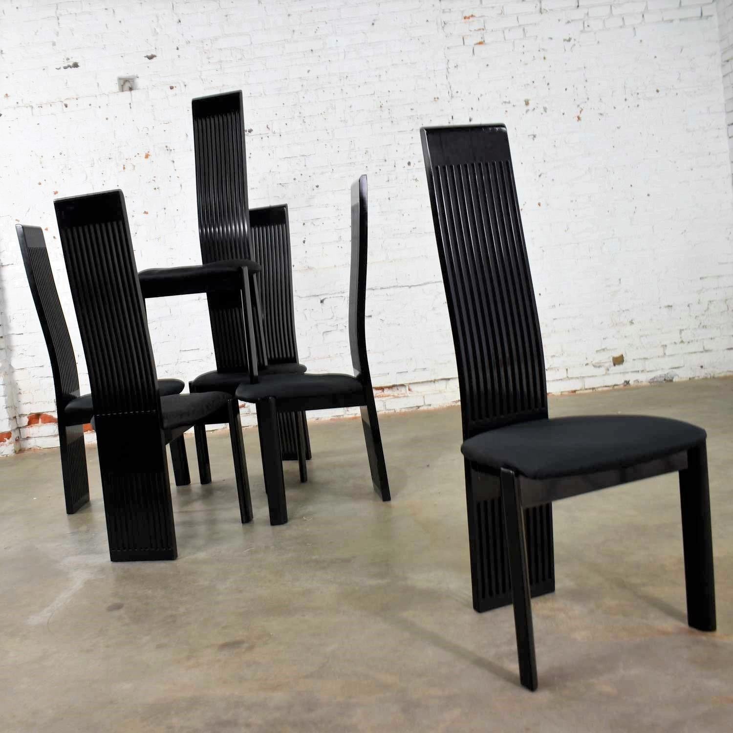 Wood Six Tripod Postmodern Black Lacquer Dining Chairs by Pietro Costantini Made in