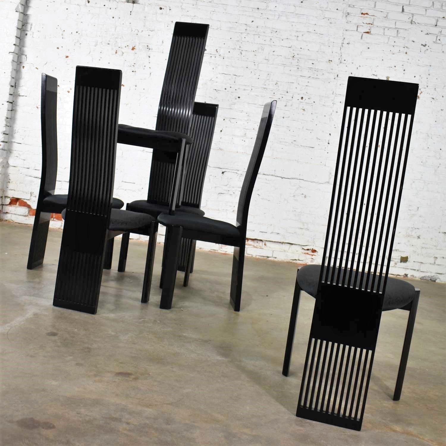 Six Tripod Postmodern Black Lacquer Dining Chairs by Pietro Costantini Made in 1