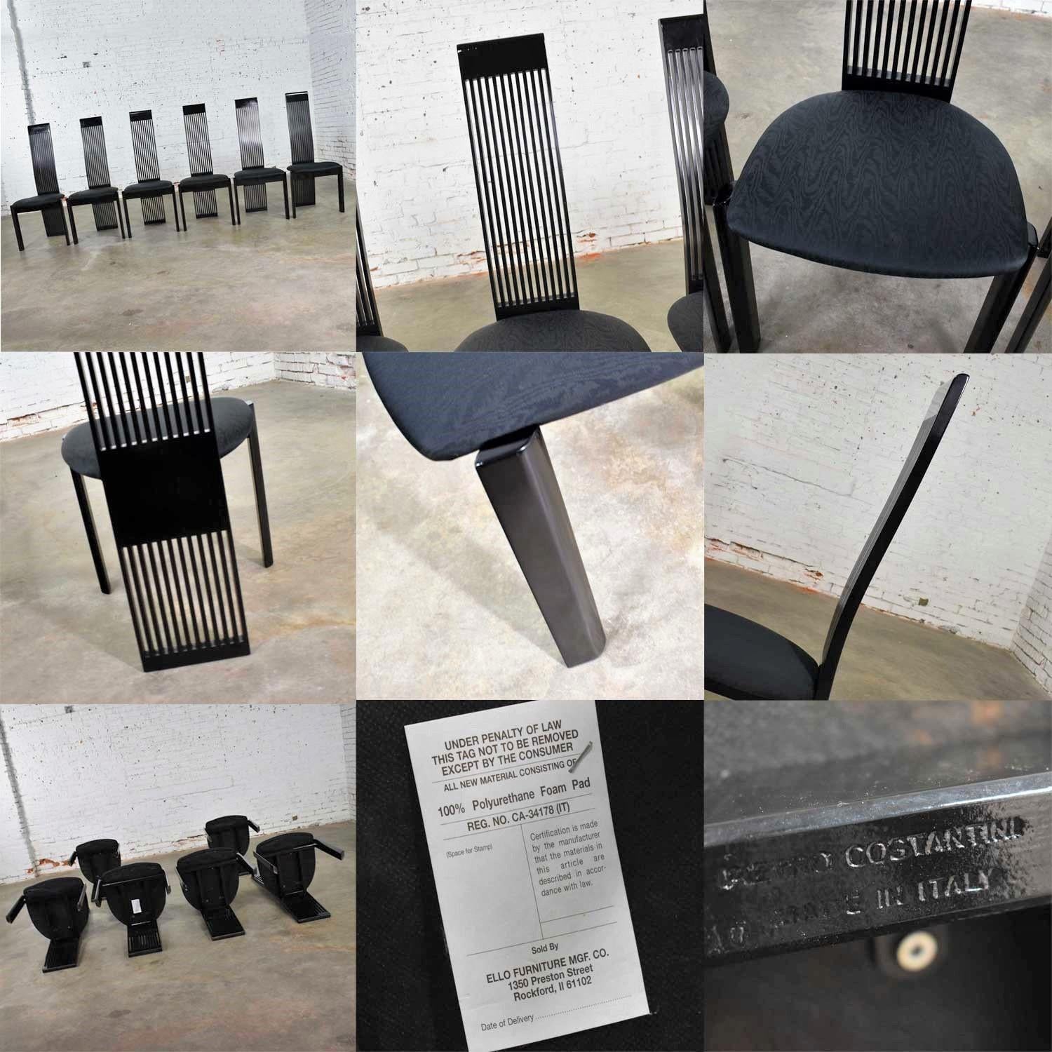 Six Tripod Postmodern Black Lacquer Dining Chairs by Pietro Costantini Made in 4