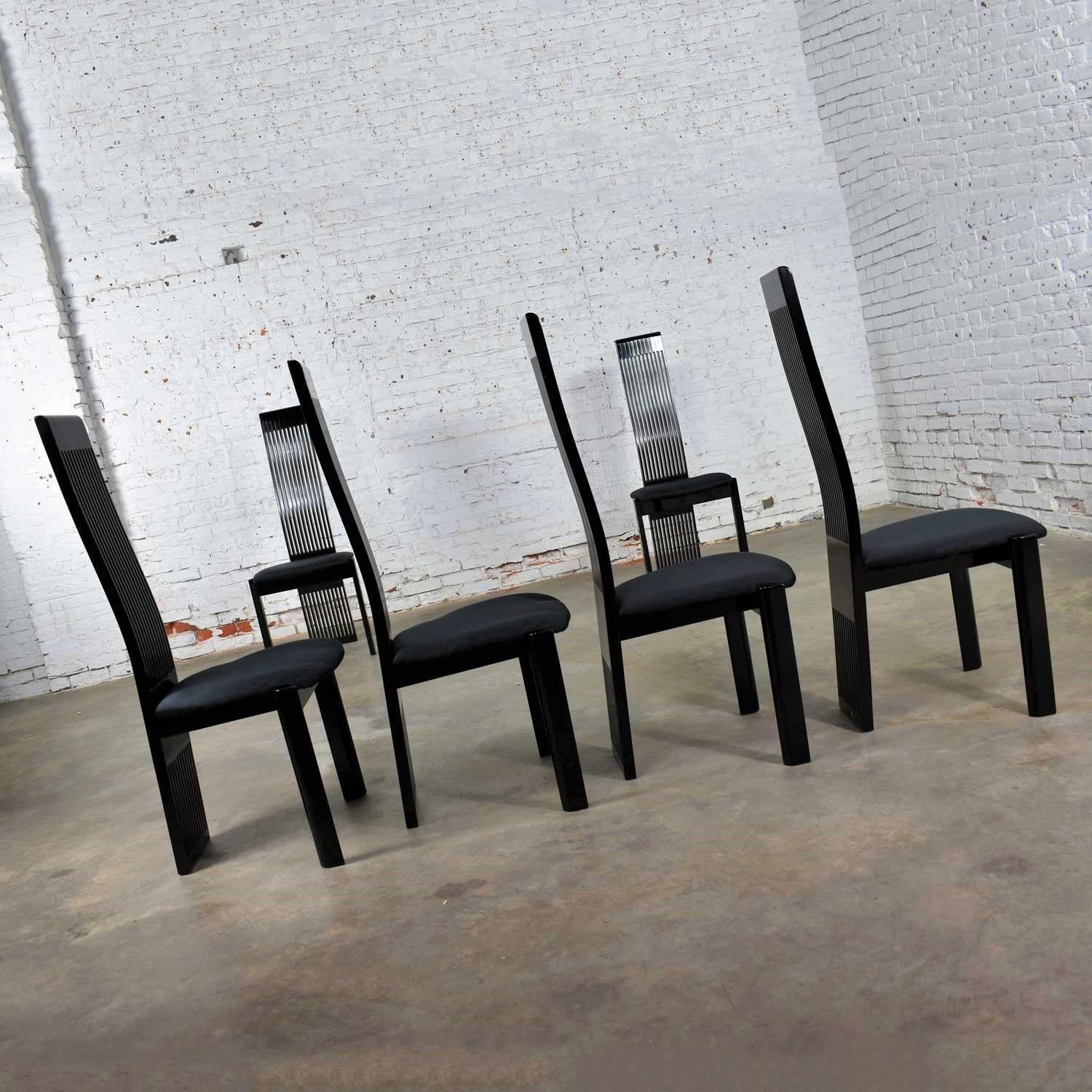 Post-Modern Six Tripod Postmodern Black Lacquer Dining Chairs by Pietro Costantini Made in