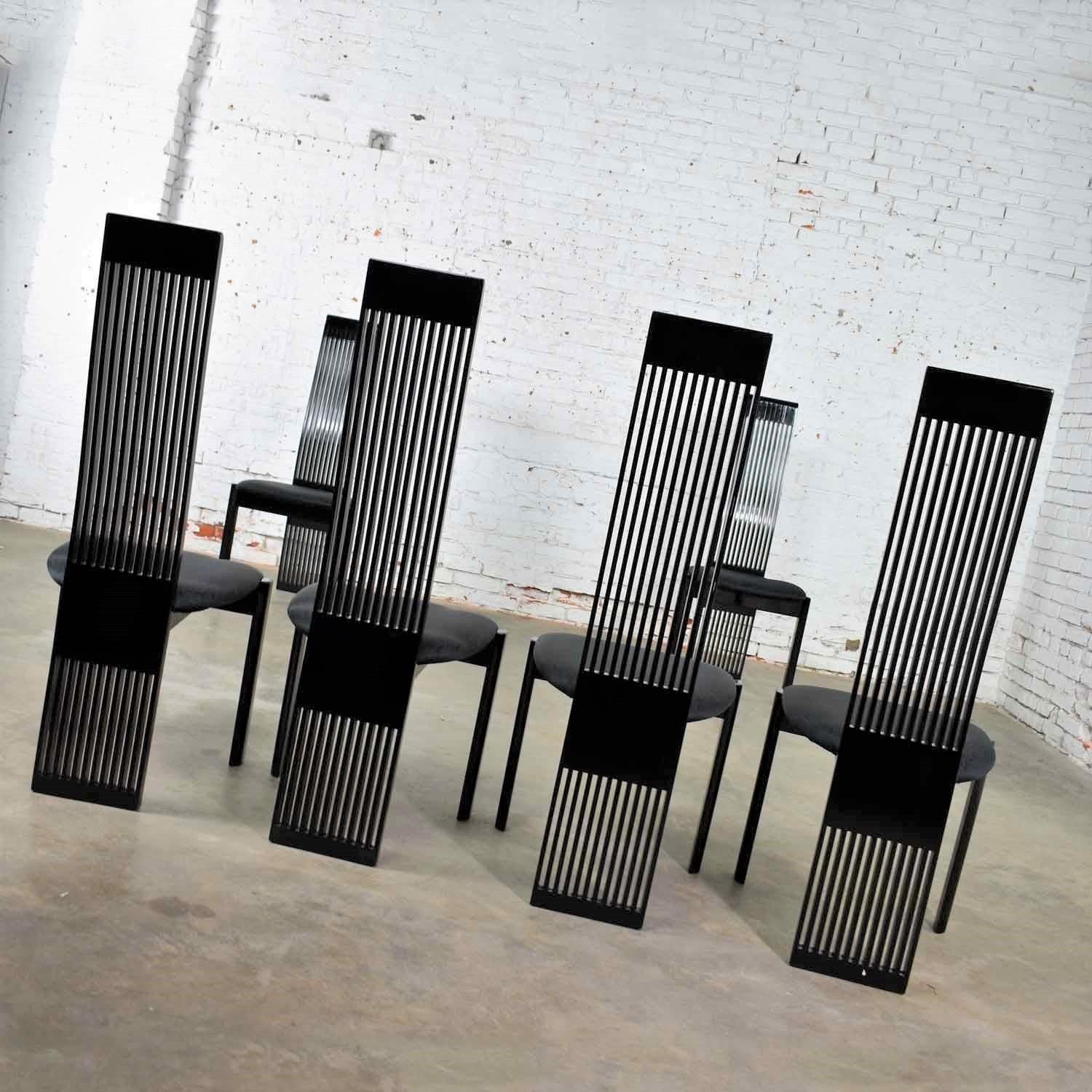 Italian Six Tripod Postmodern Black Lacquer Dining Chairs by Pietro Costantini Made in