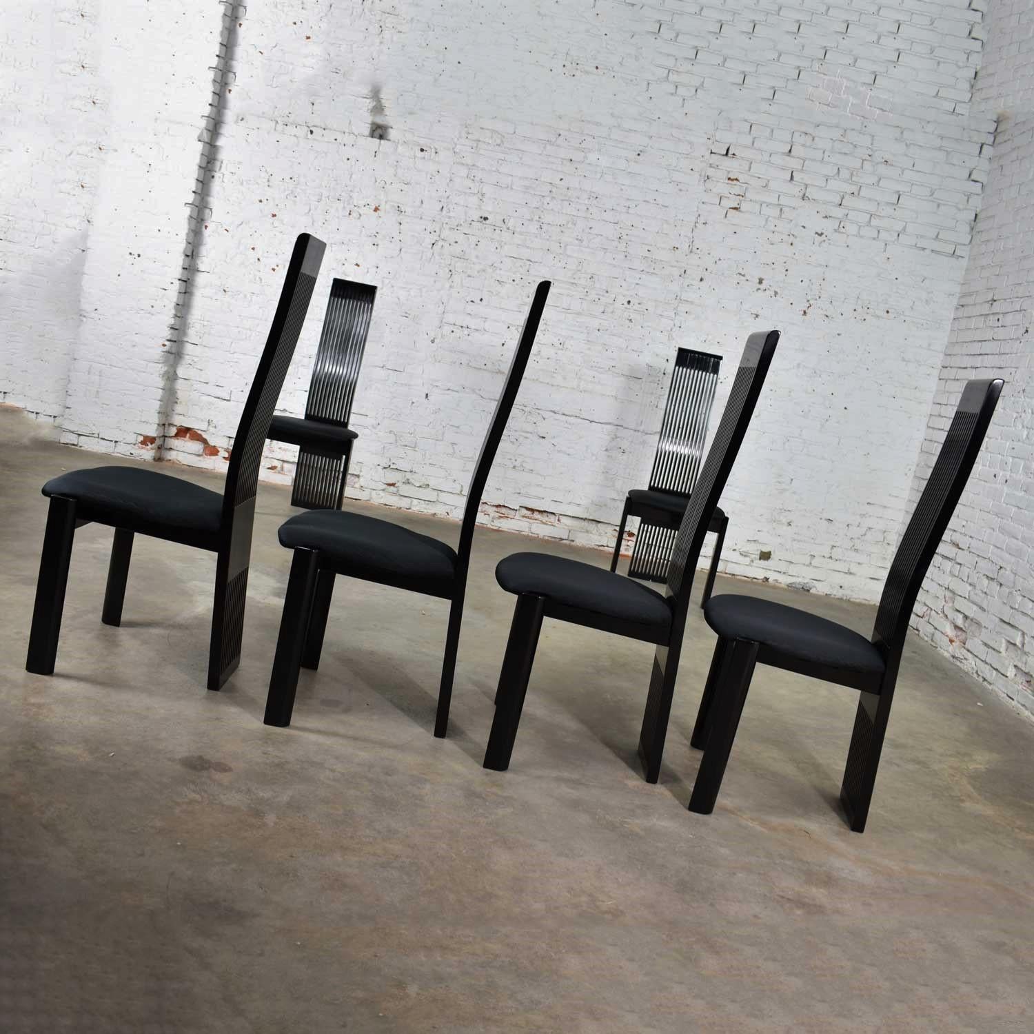 Lacquered Six Tripod Postmodern Black Lacquer Dining Chairs by Pietro Costantini Made in