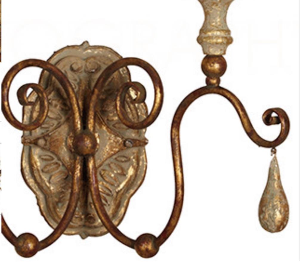 Metal Six Two-Arm Italian Style Carved Wood and Tole Sconces with Lovely Worn Patina For Sale