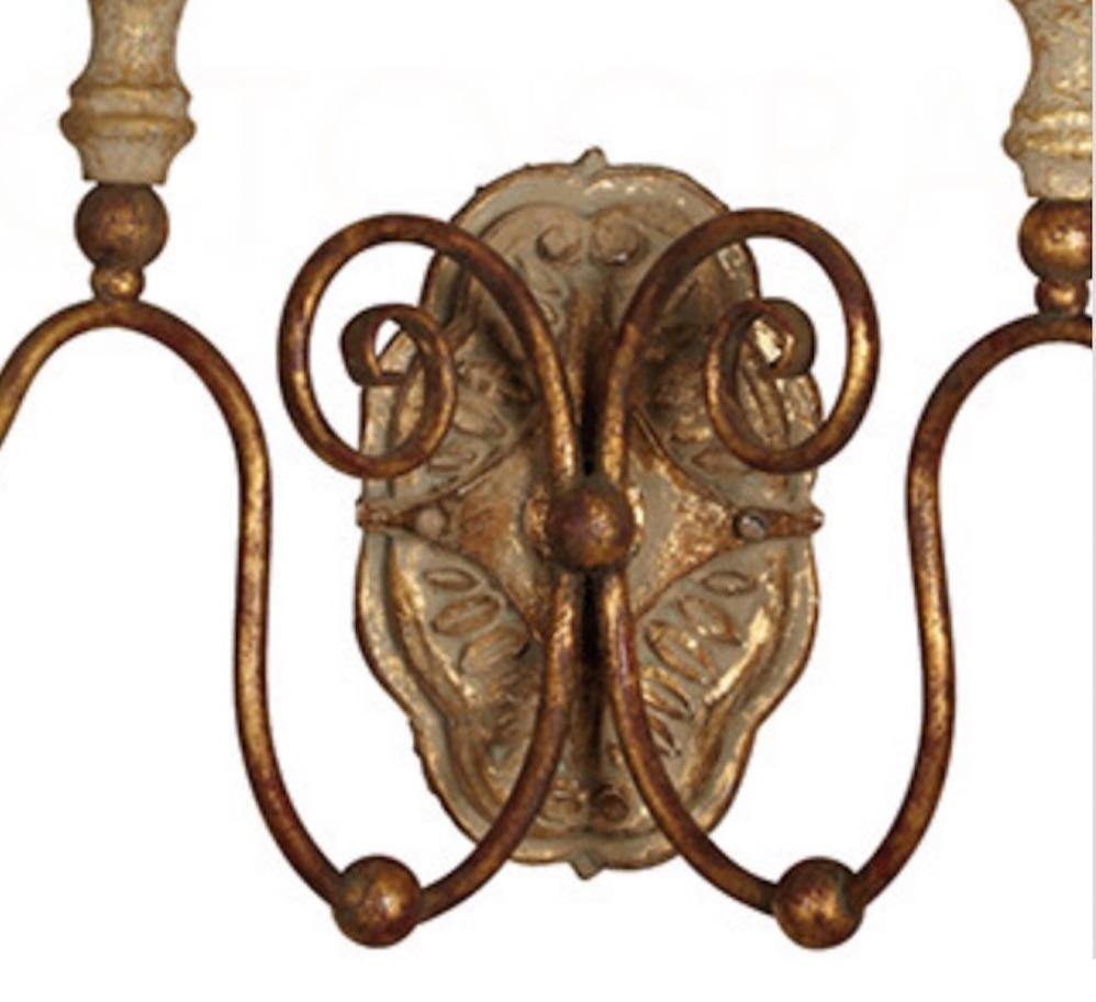 Six Two-Arm Italian Style Carved Wood and Tole Sconces with Lovely Worn Patina For Sale 1